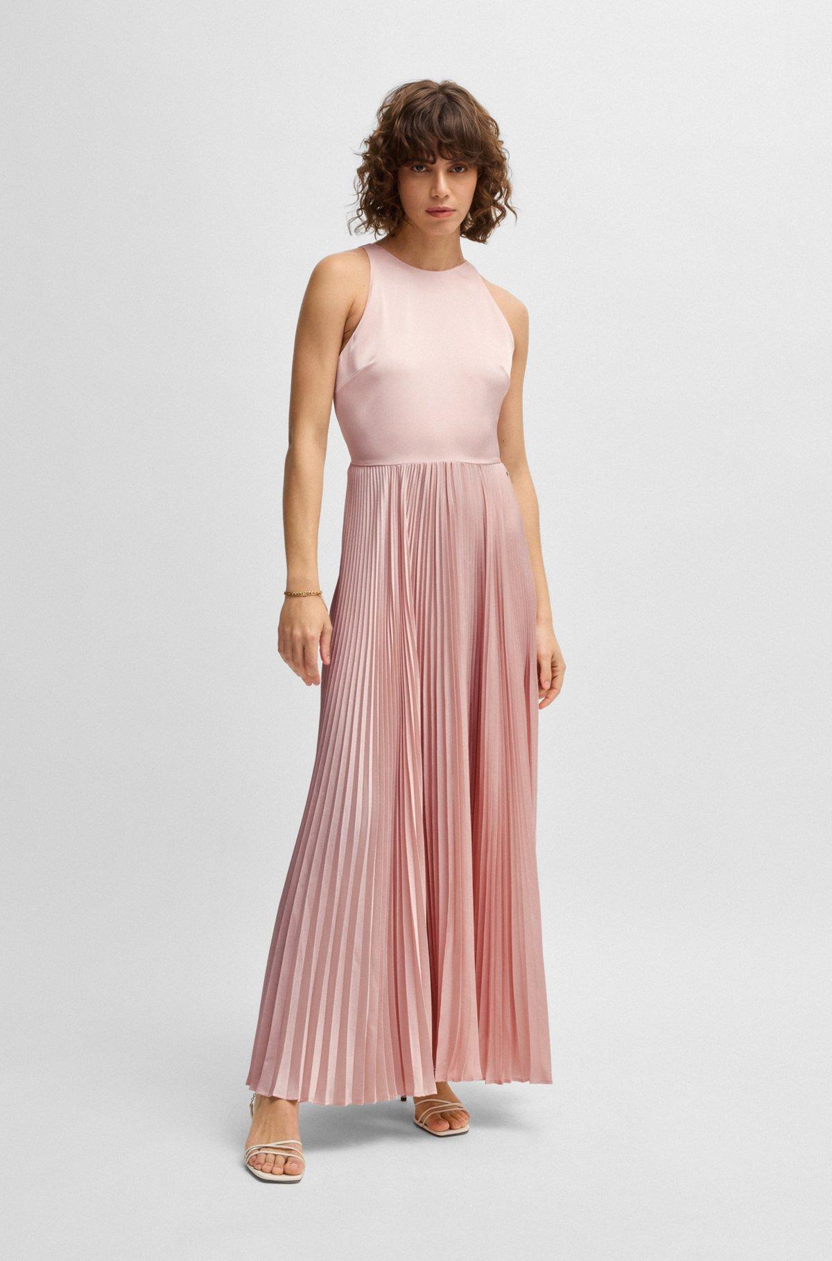 Maxi dress in hammered satin with plissé skirt Product Image