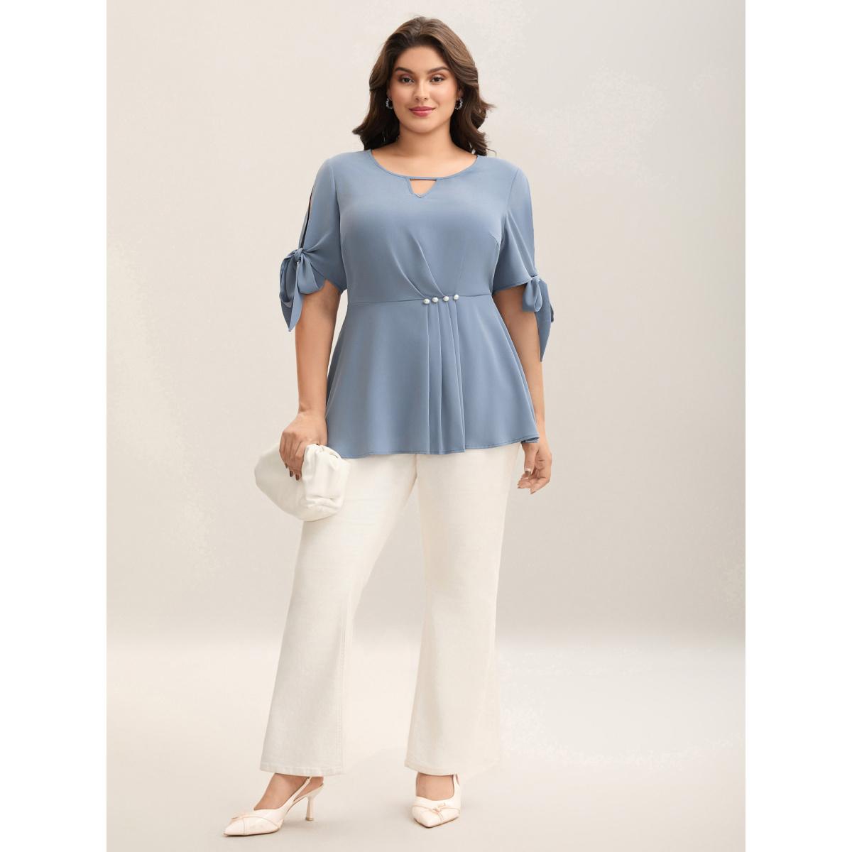 Plus Size Stone Knotted Sleeve Pearl Detail Keyhole Blouse Women Office Short sleeve Round Neck Office Blouses BloomChic 30/6X Product Image