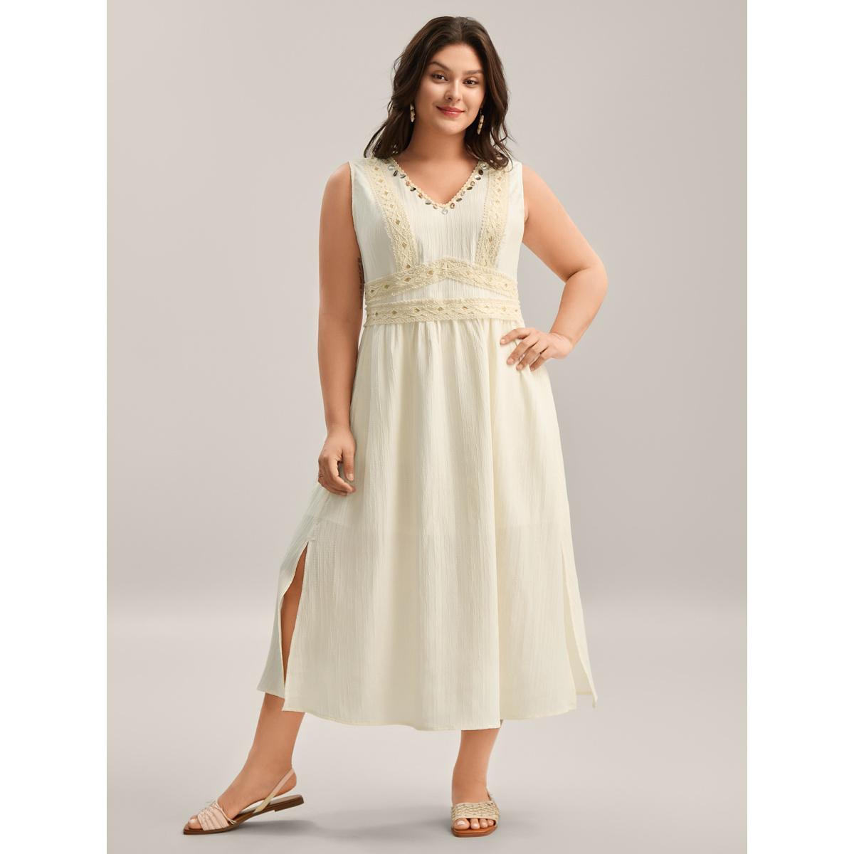Plus Size Textured Solid Lace Trim Midi Dress Ivory Women V-neck Sleeveless Curvy BloomChic 30/6X Product Image