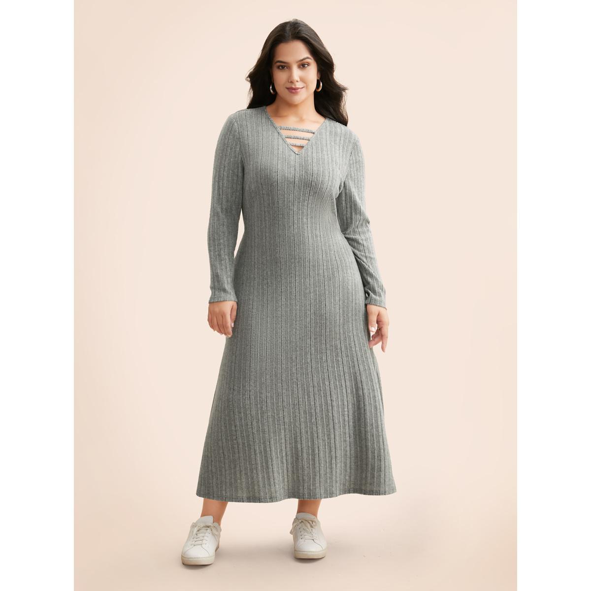 Plus Size Airy Cozy Neck Cut-Out Midi Dress Mediumgray Women Leisure Texture Knit Dresses Bloomchic 22-24/3X Product Image