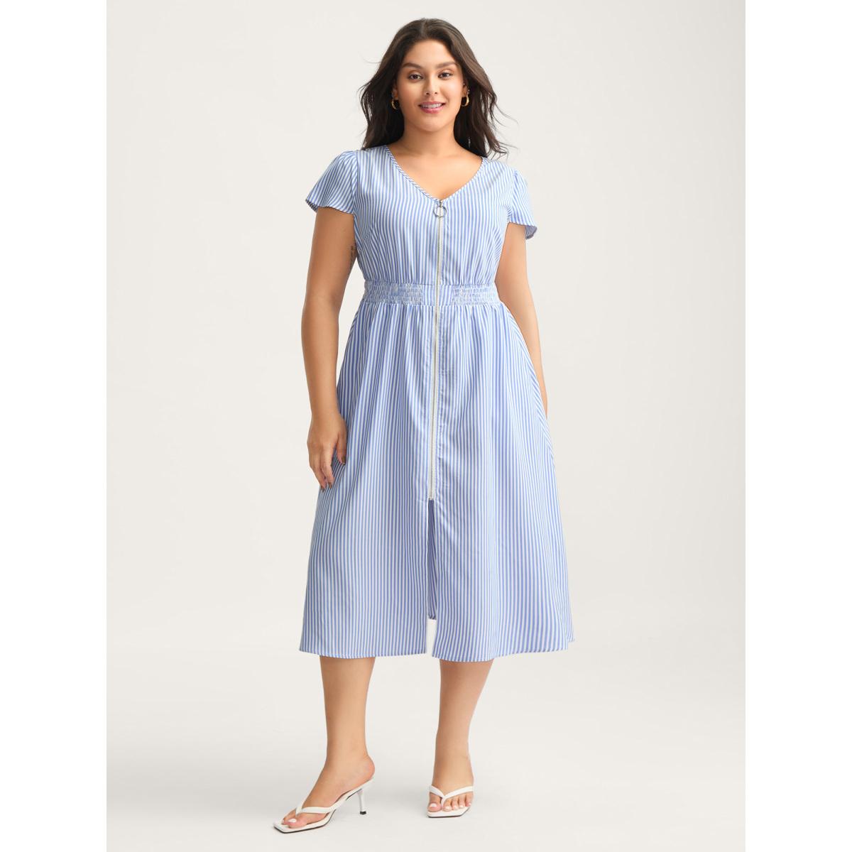 Plus Size Striped Zipper Front Shirred Waist Midi Dress LightBlue Women Shirred V-neck Cap Sleeve Curvy BloomChic 14-16/1X Product Image