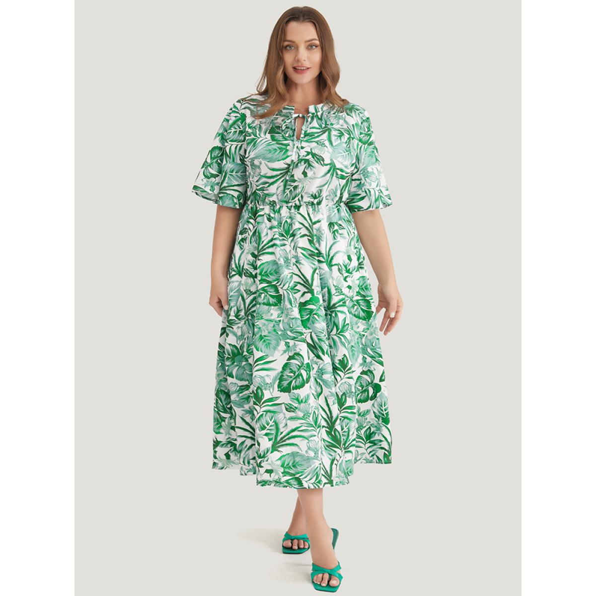 Plus Size Plant Print Pocket Keyhole Tie Neck Frill Trim Flutter Dress Green Women Vacation V-neck Half Sleeve Curvy Midi Dress BloomChic 10/M Product Image