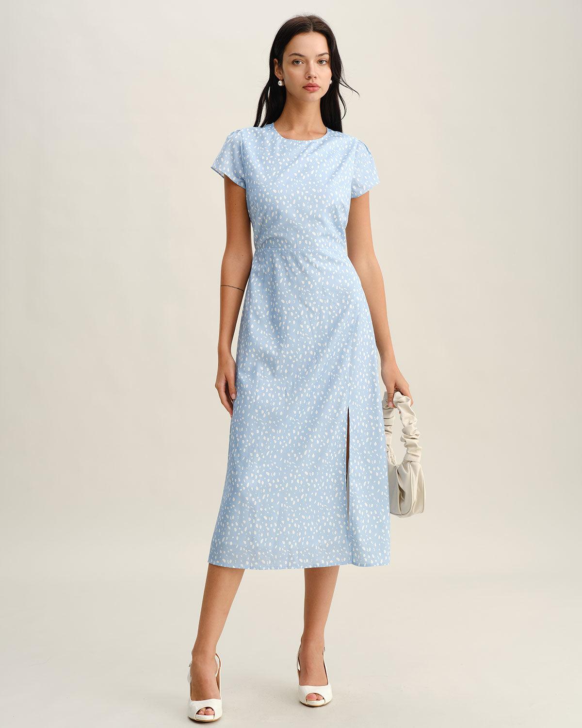 Blue Round Neck Button Slit Midi Dress Product Image