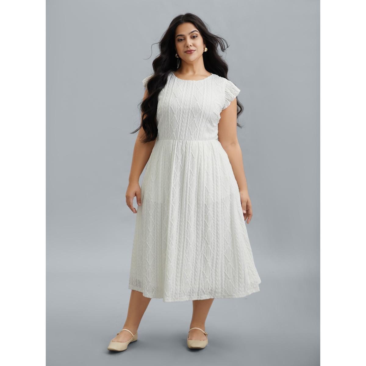 Plus Size Flutter Sleeve Textured Pockets Midi Dress Ivory Women Casual Texture Round Neck Cap Sleeve Curvy BloomChic 30/6X Product Image