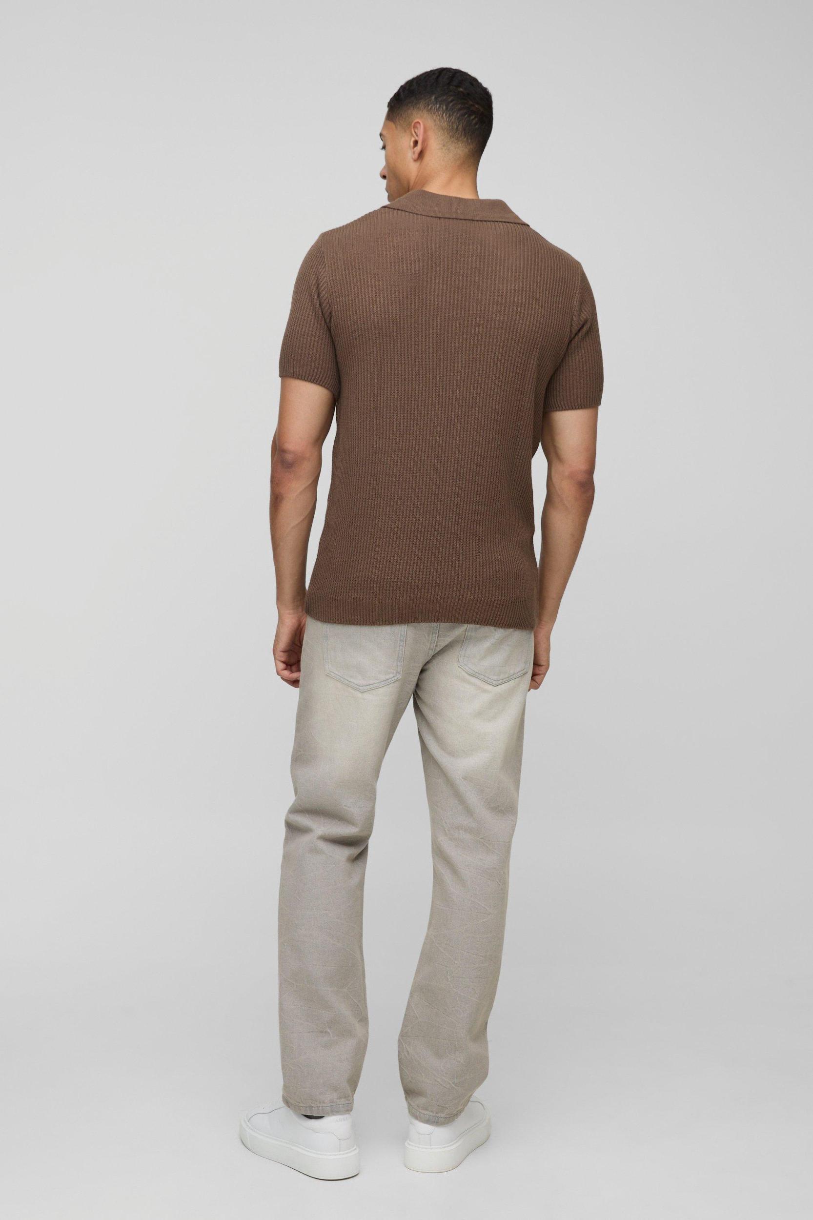 Regular Fit Ribbed Revere Knitted Polo | boohooMAN USA Product Image