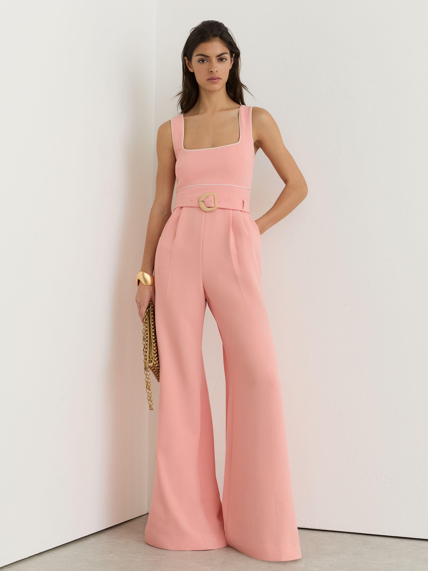 Tipped Wide-Leg Belted Jumpsuit in Pink Product Image