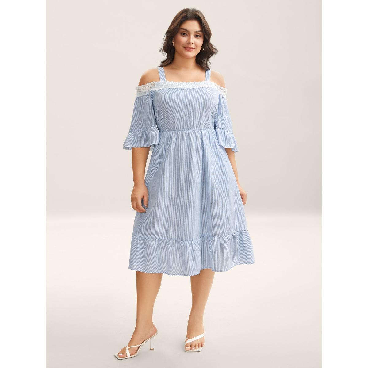 Plus Size Striped Cold Shoulder Lace Midi Dress LightBlue Women One-shoulder neck Short sleeve Curvy BloomChic 14-16/1X Product Image