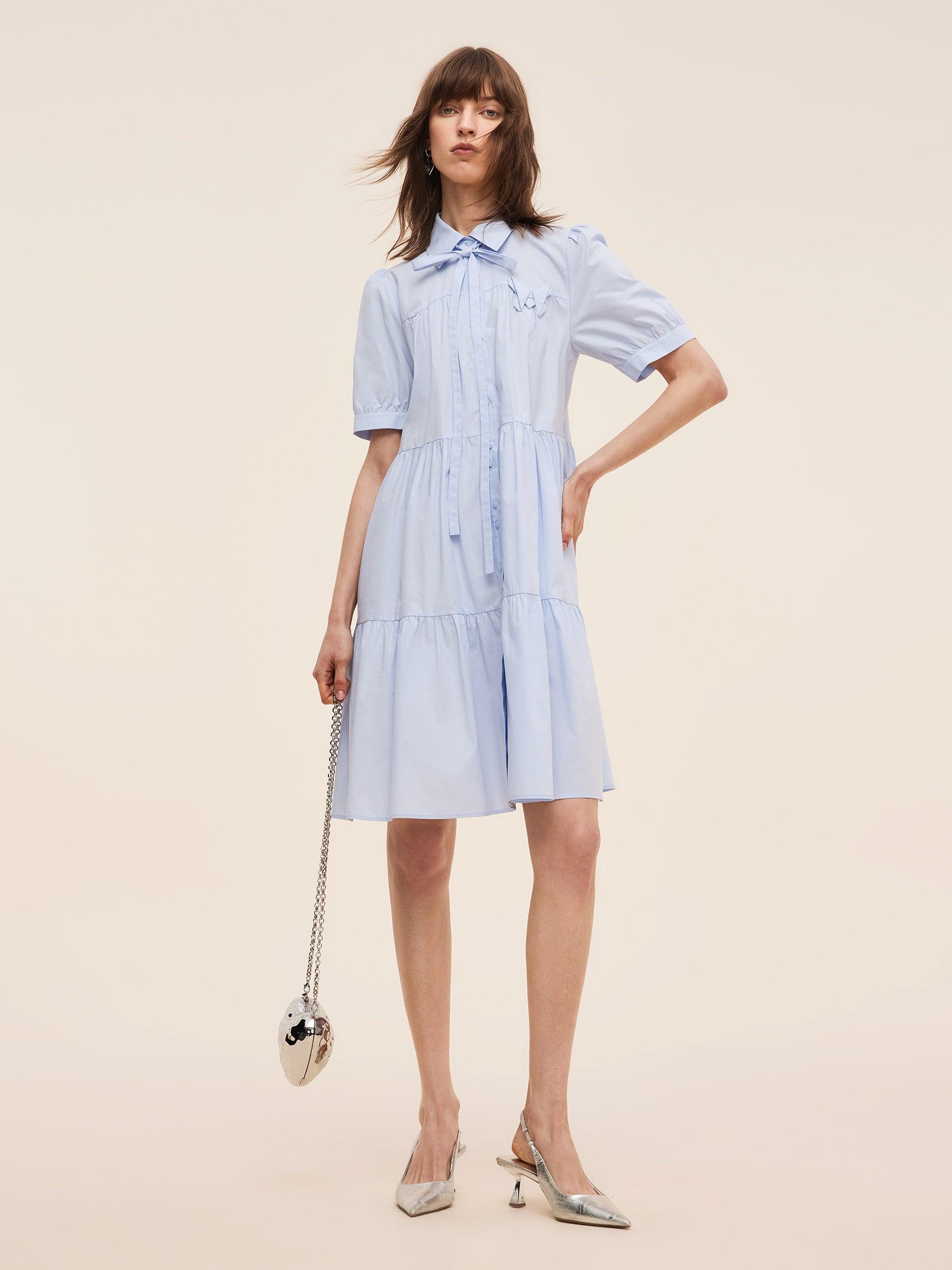 100% Cotton Women Puff Sleeve Mini Dress With Ribbon Product Image