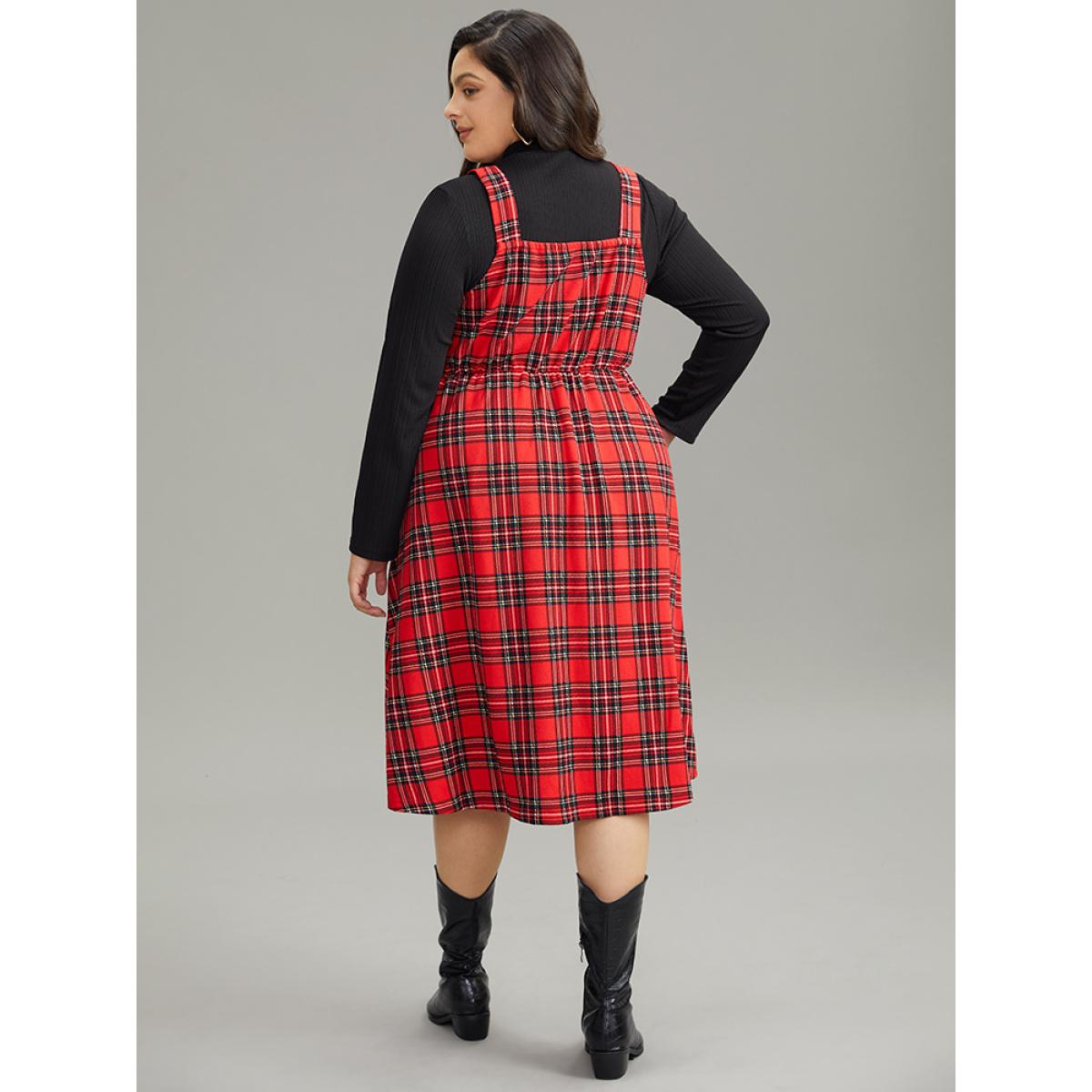 Plus Size Plaid Button Up Adjustable Straps Dress Red Women Casual Adjustable Straps Spaghetti Strap Sleeveless Curvy Midi Dress BloomChic 22-24/3X Product Image