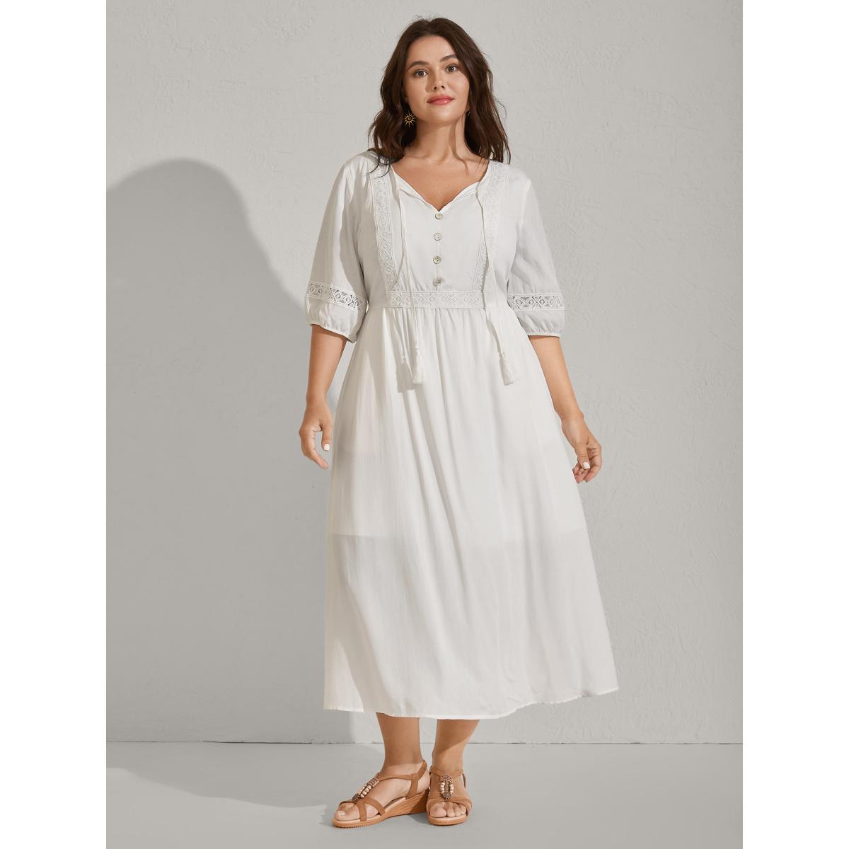 Plus Size Rayon Lace Trim Cinched-Waist Midi Dress Ivory Women Notched collar Half Sleeve Curvy BloomChic 26/4X Product Image