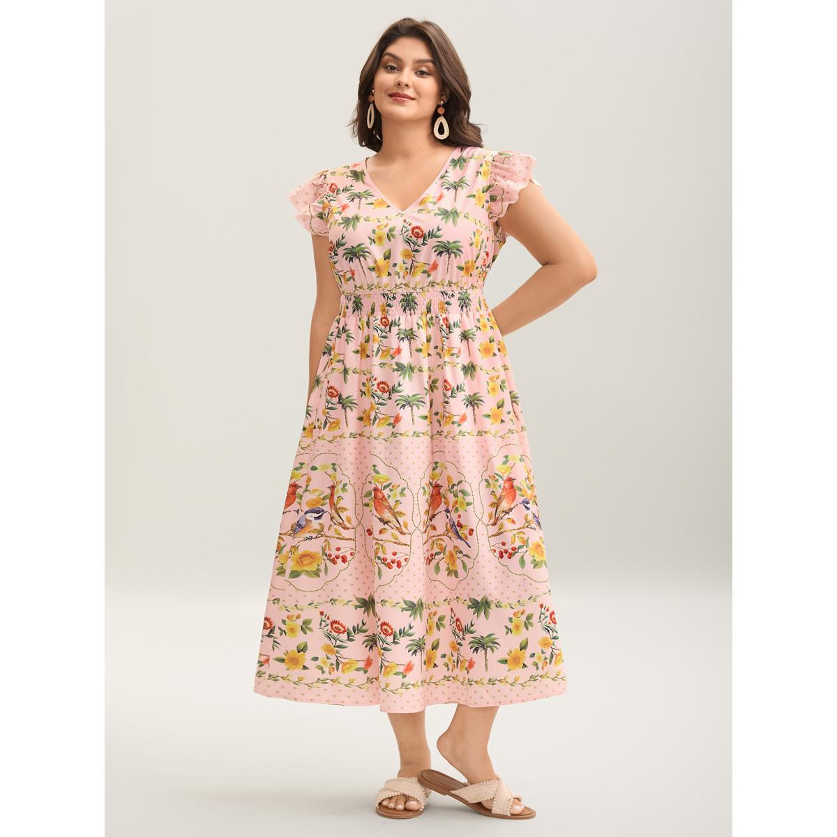 Plus Size Tropical Print Shirred Waist Flutter Maxi Dress Crepe Women V-neck Short sleeve Curvy BloomChic 10/M Product Image