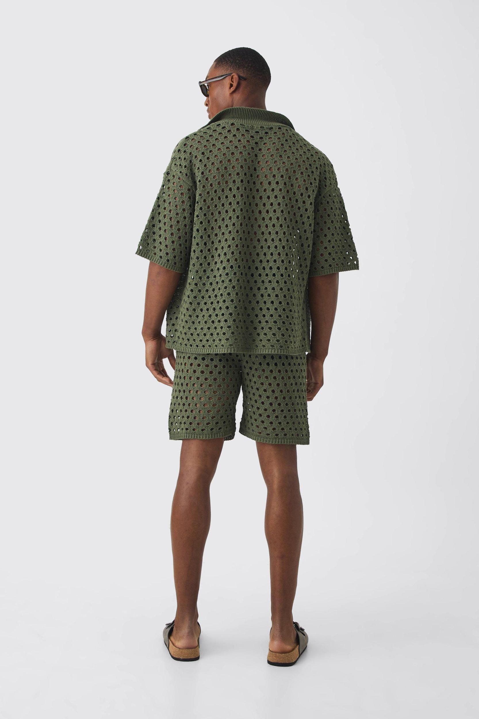 Oversized Open Stitch Shirt & Short Set | boohooMAN USA Product Image