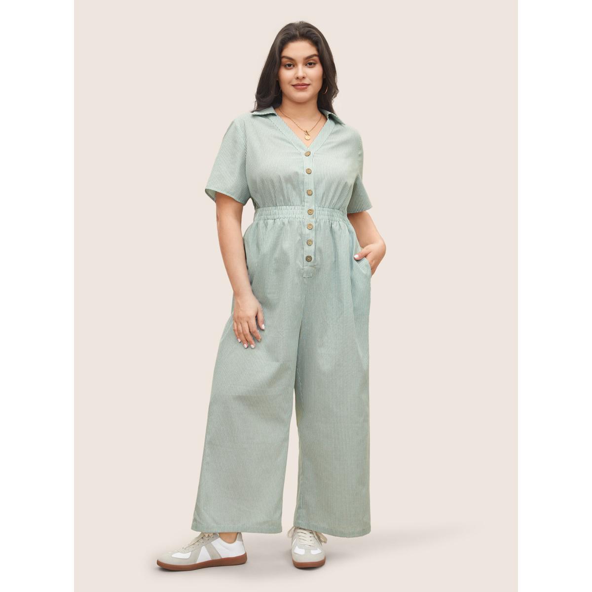 Plus Size LightGreen Striped Lapel Collar Shirred Button Detail Jumpsuit Women Casual Short sleeve V-neck Everyday Loose Jumpsuits BloomChic 18-20/2X Product Image