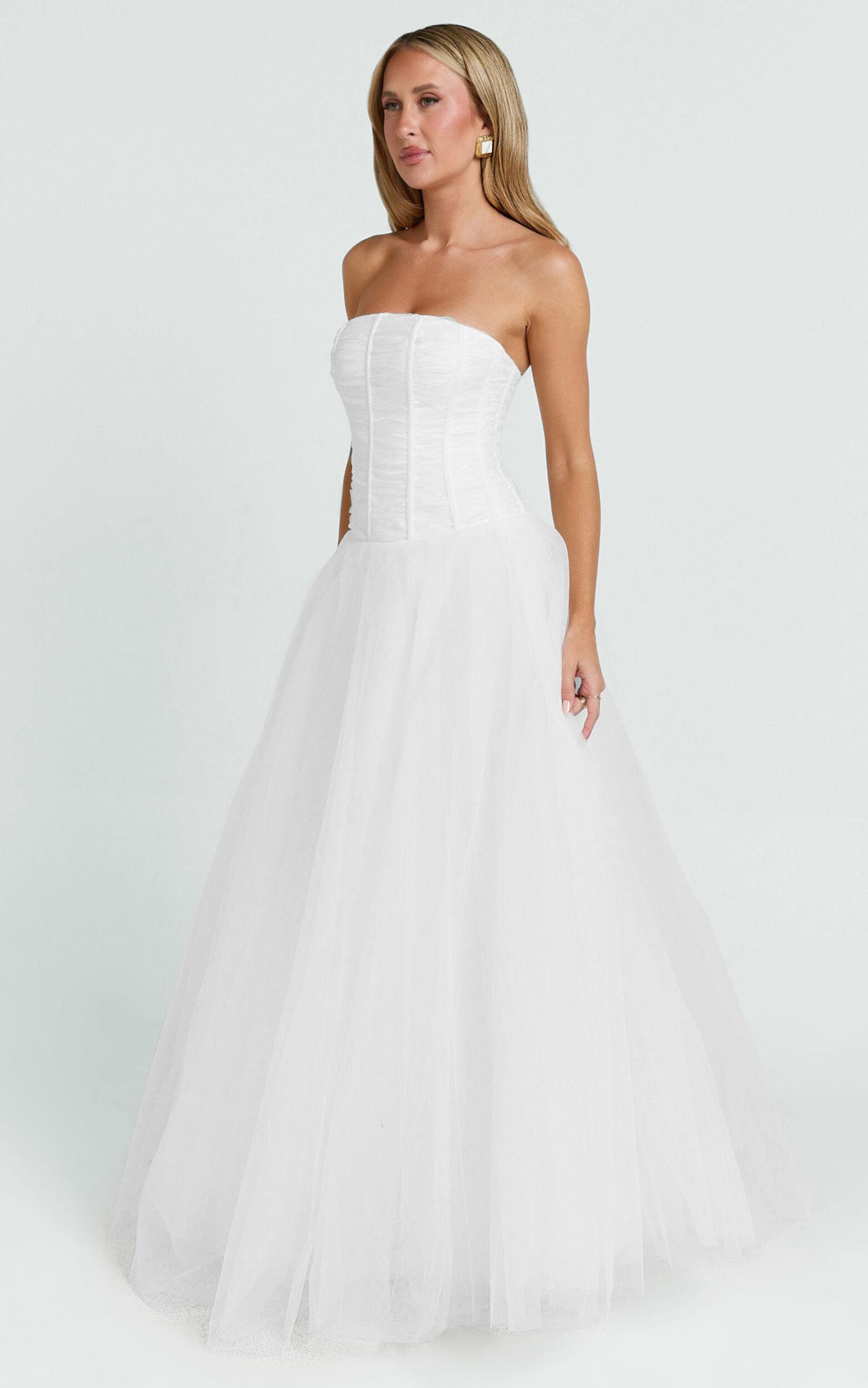 Selene Maxi Dress - Strapless Corset Gathered Skirt Dress in White Product Image