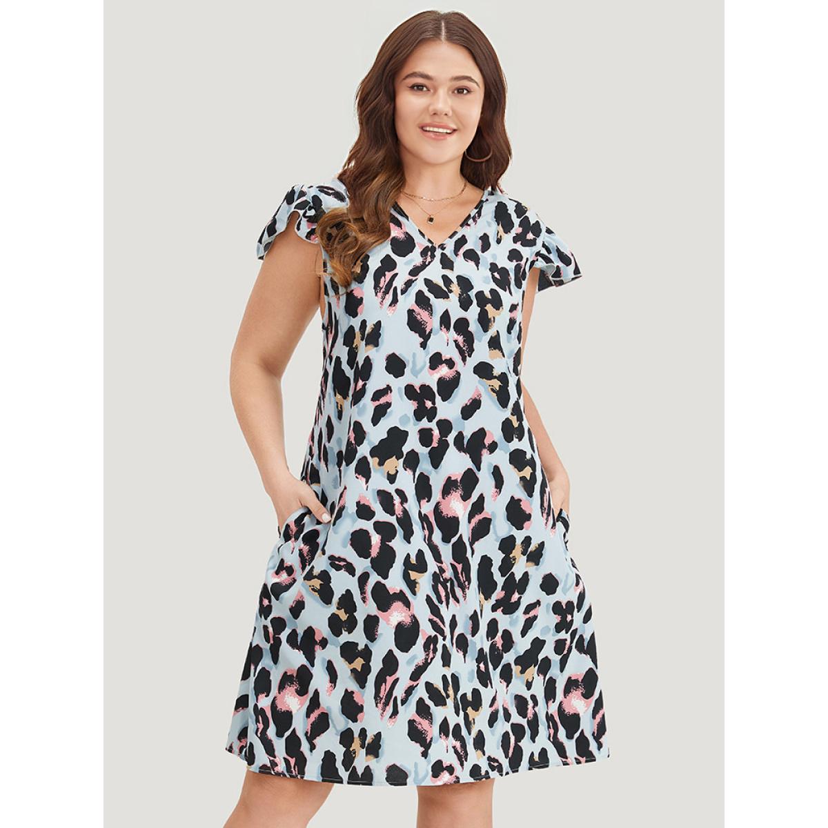 Plus Size Colour Leopard Print Pocket Ruffle Cap Sleeve Dress LightBlue Women Elegant V-neck Cap Sleeve Curvy Knee Dress BloomChic 18-20/2X Product Image