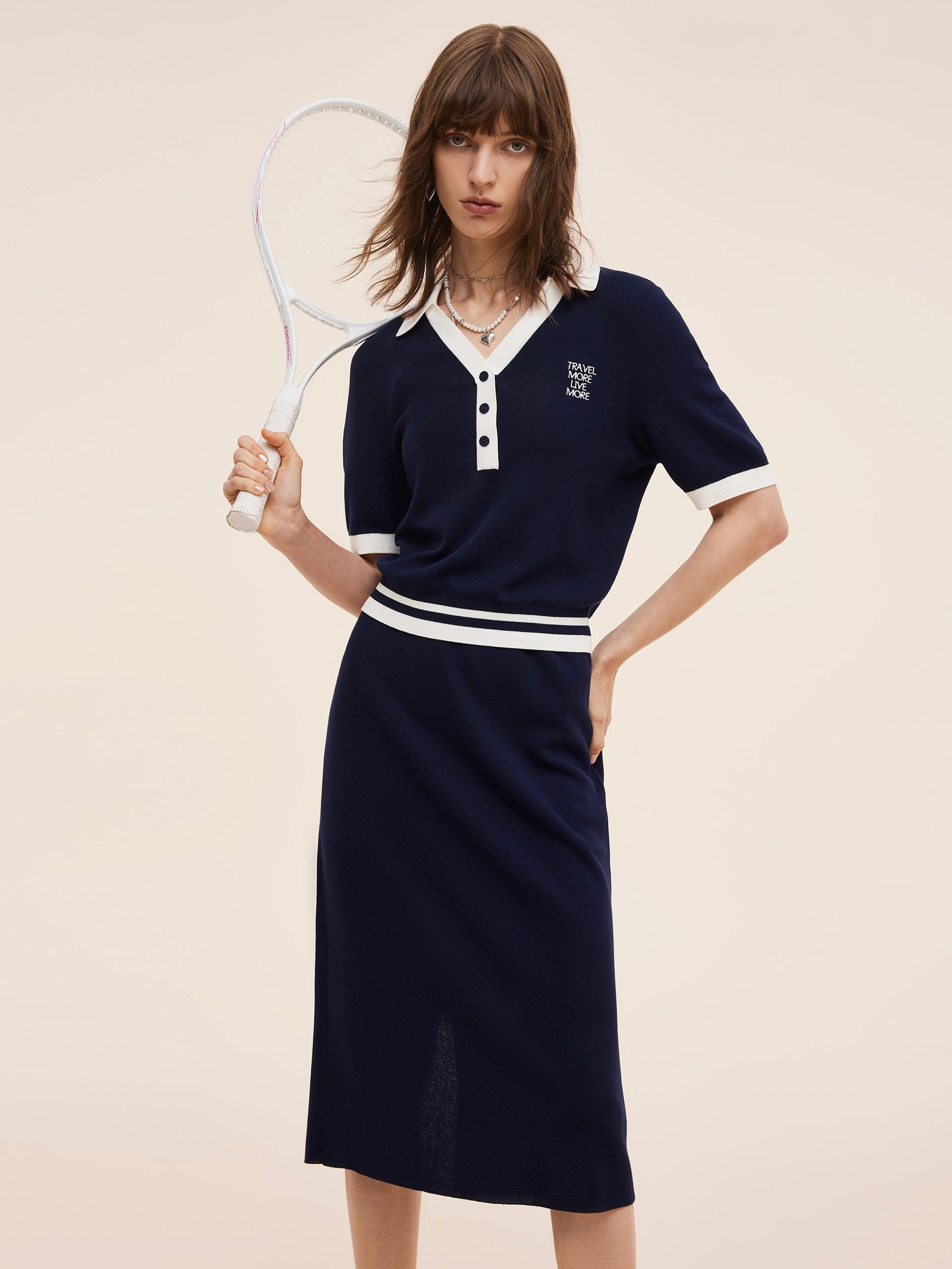 Tencel Blend Contrast Trim Knit Top And Skirt Two-Piece Set Product Image