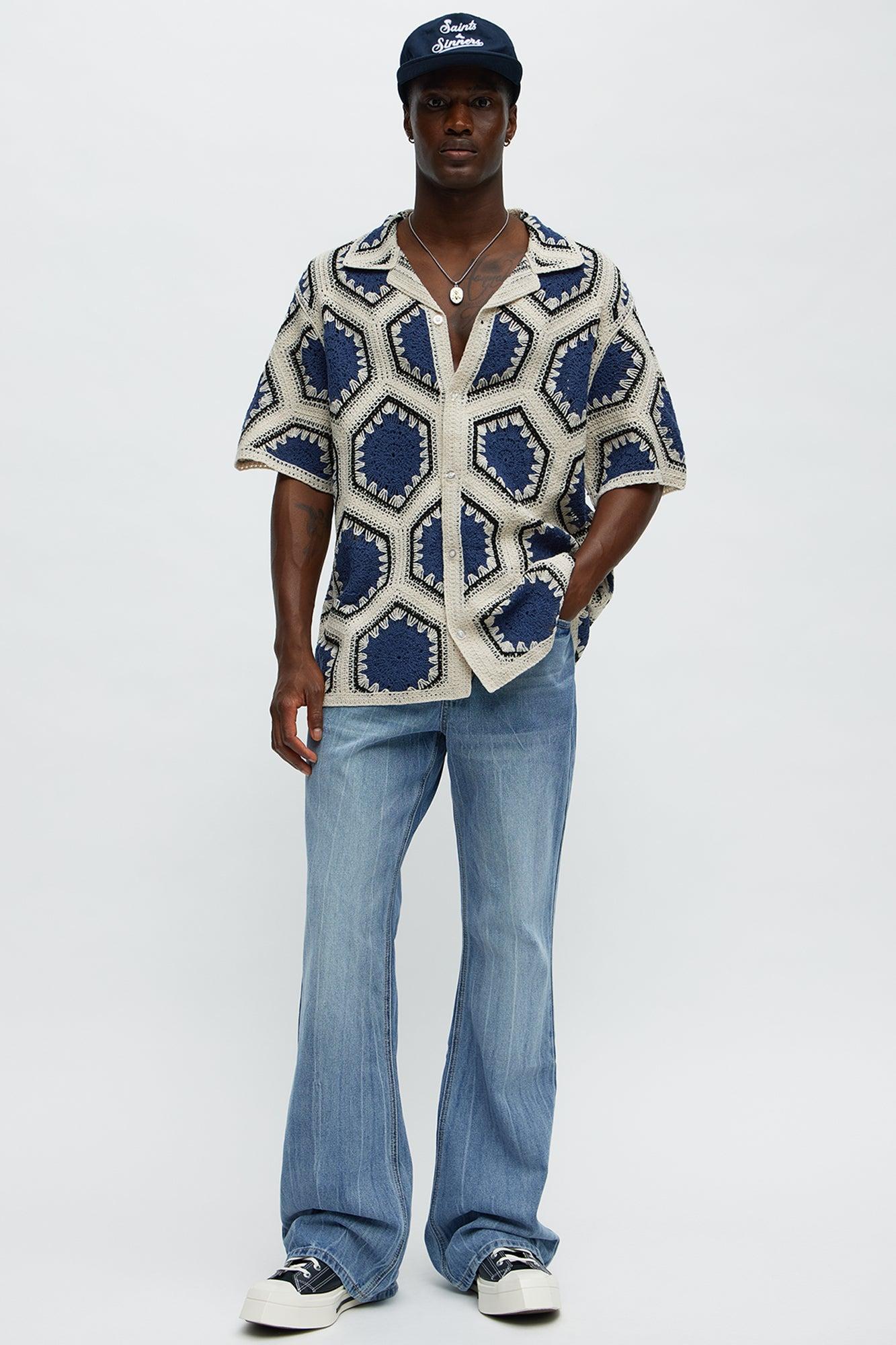 Vacay Vibes Crochet Button Up Shirt - Navy/combo Male Product Image
