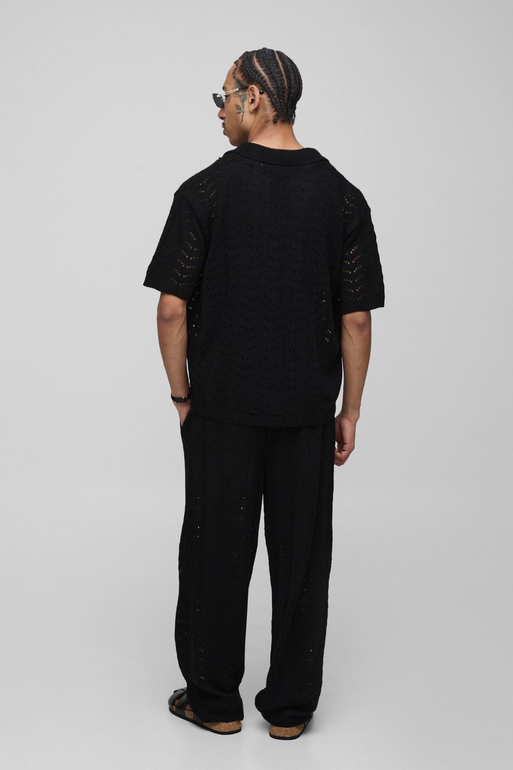 Boxy V Neck Relaxed Texture Knitted Trouser and Polo Set | boohooMAN USA Product Image