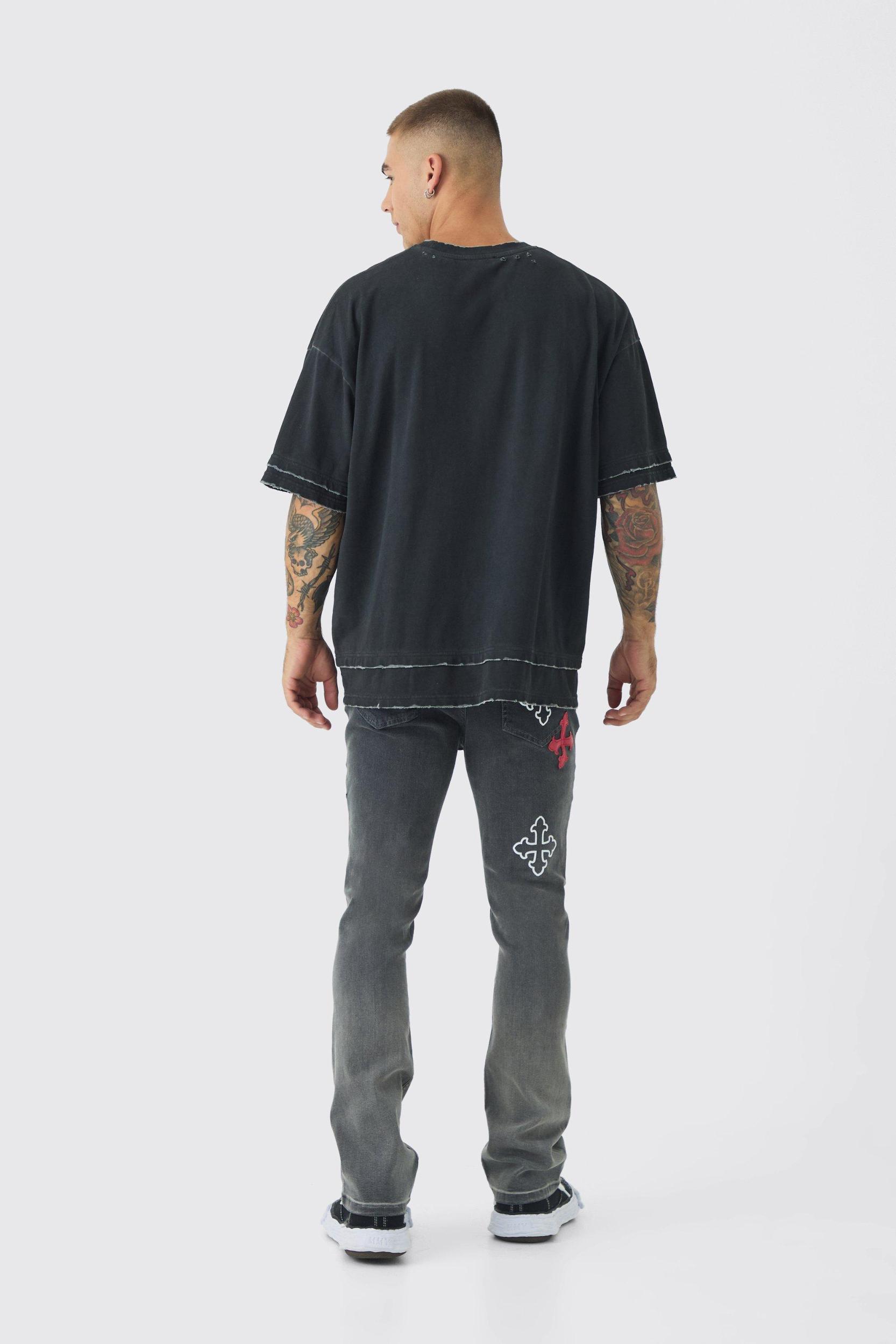 Skinny Stretch Flare Cross Applique Jeans | boohooMAN USA Product Image