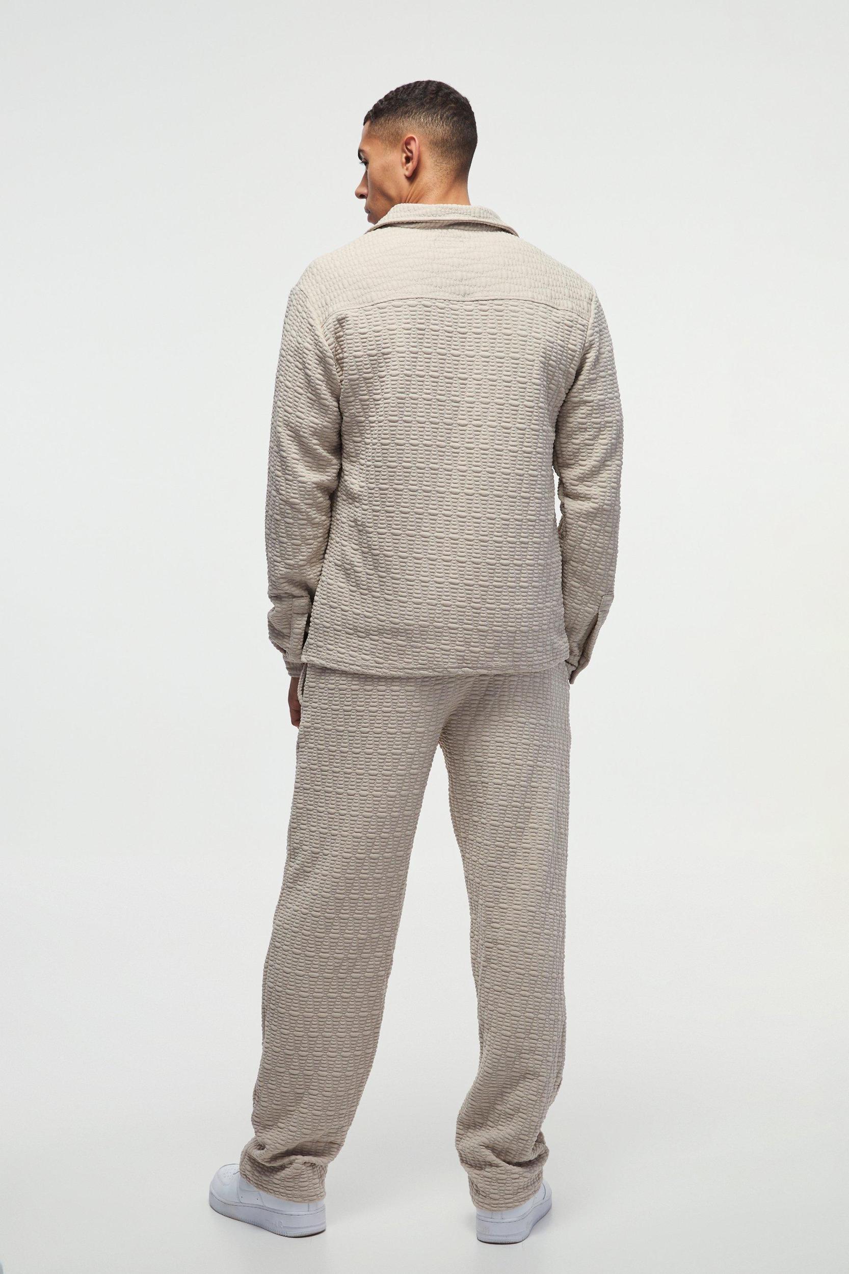 Long Sleeve Textured Stretch Shirt And Pants Set | boohooMAN USA Product Image