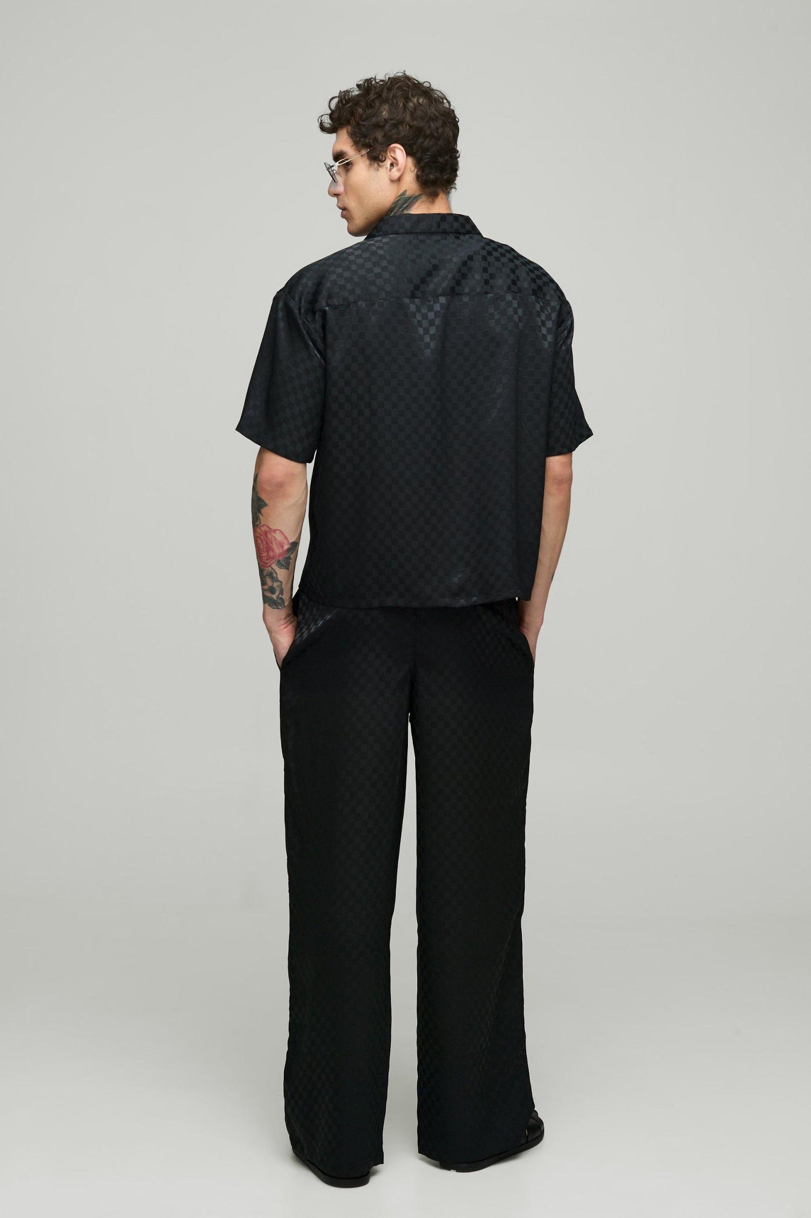 Oversized Short Sleeve Checkerboard Satin Shirt & Wide Leg Trouser Set | boohooMAN USA Product Image