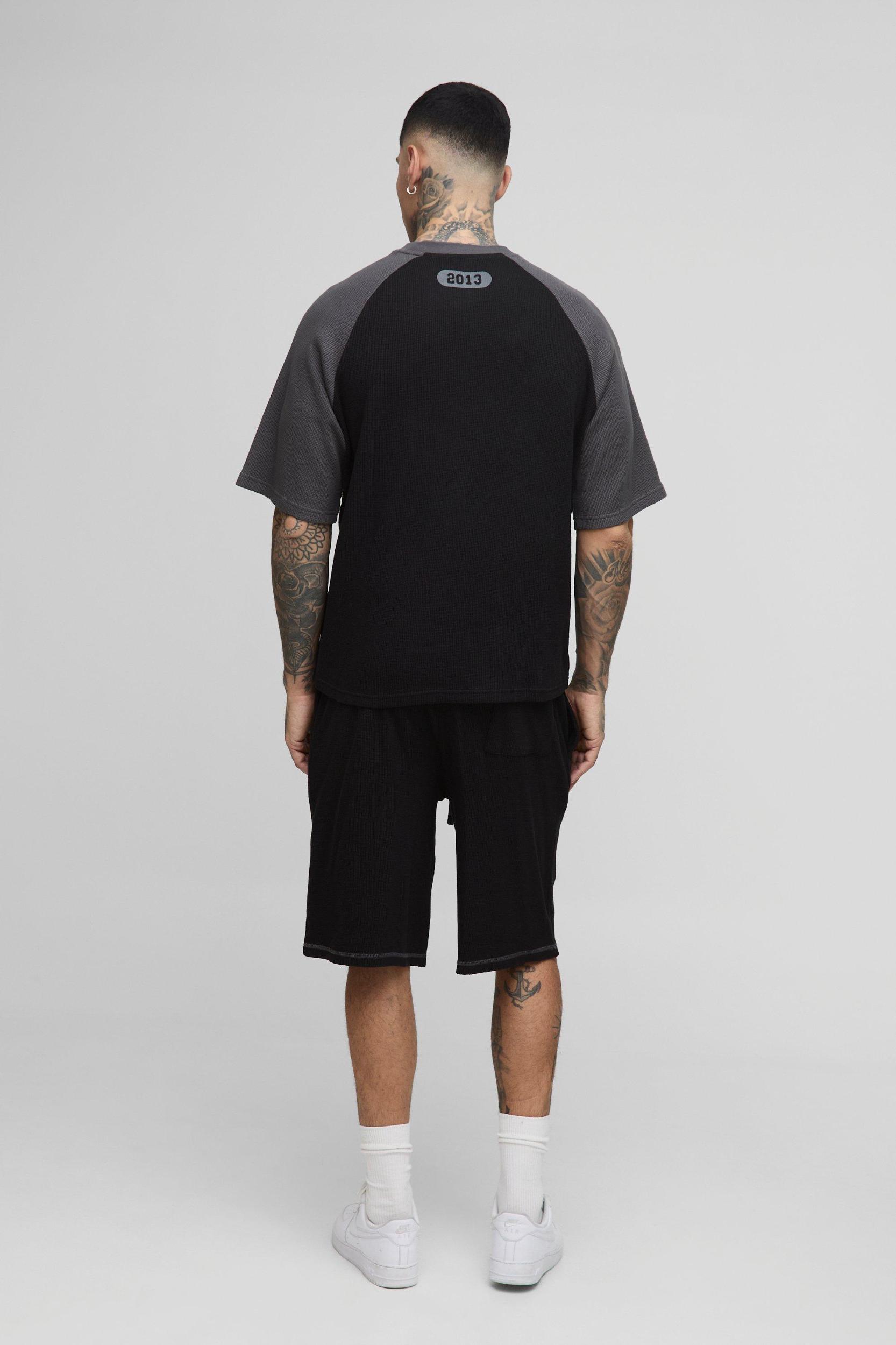 Tall Oversized Boxy Raglan Waffle Graphic T-Shirt & Oversized Short Set | boohooMAN USA Product Image