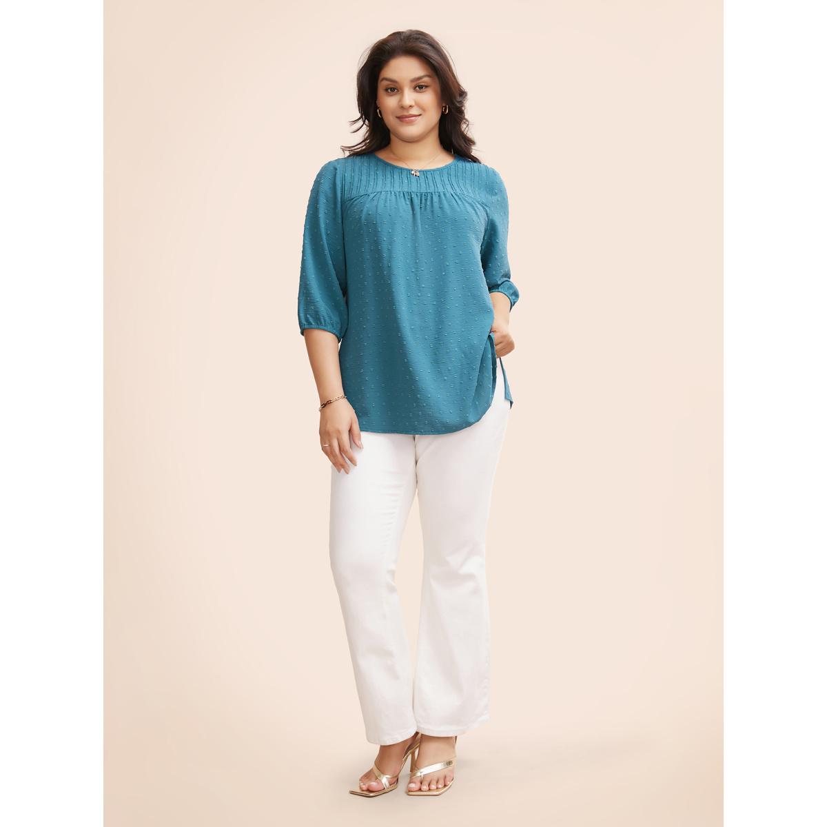 Plus Size Cerulean Texture Round Neck Pleated Lantern Sleeve Blouse Women Elegant Elbow-length sleeve Round Neck Everyday Blouses BloomChic 26/4X Product Image