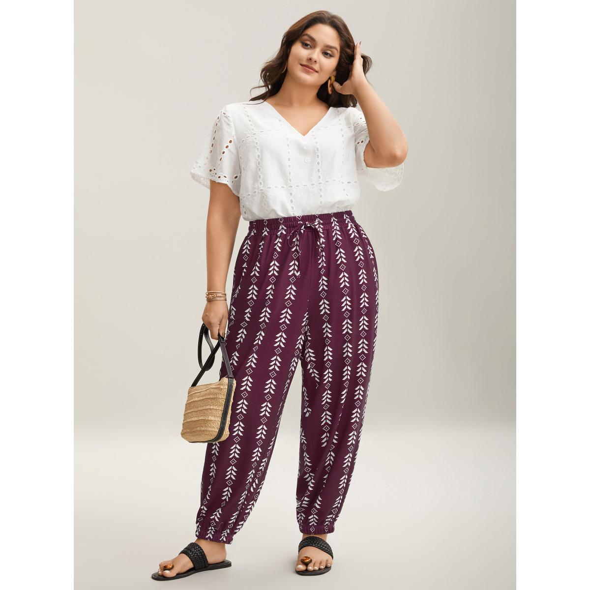 Plus Size Boho Geometric Print Stretchy Waist Pants Women Burgundy Leisure Mid Rise Casual Pants BloomChic 28/5X Product Image