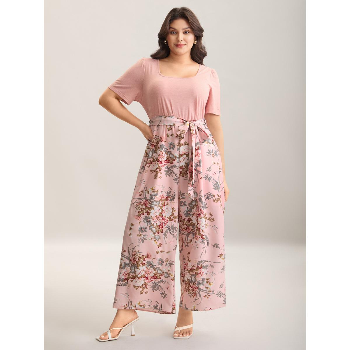 Plus Size Lightpink Color Contrast Belted Panel Pockets Jumpsuit Women Timeless Short sleeve Square Neck Elegant Loose Jumpsuits BloomChic 28/5X Product Image