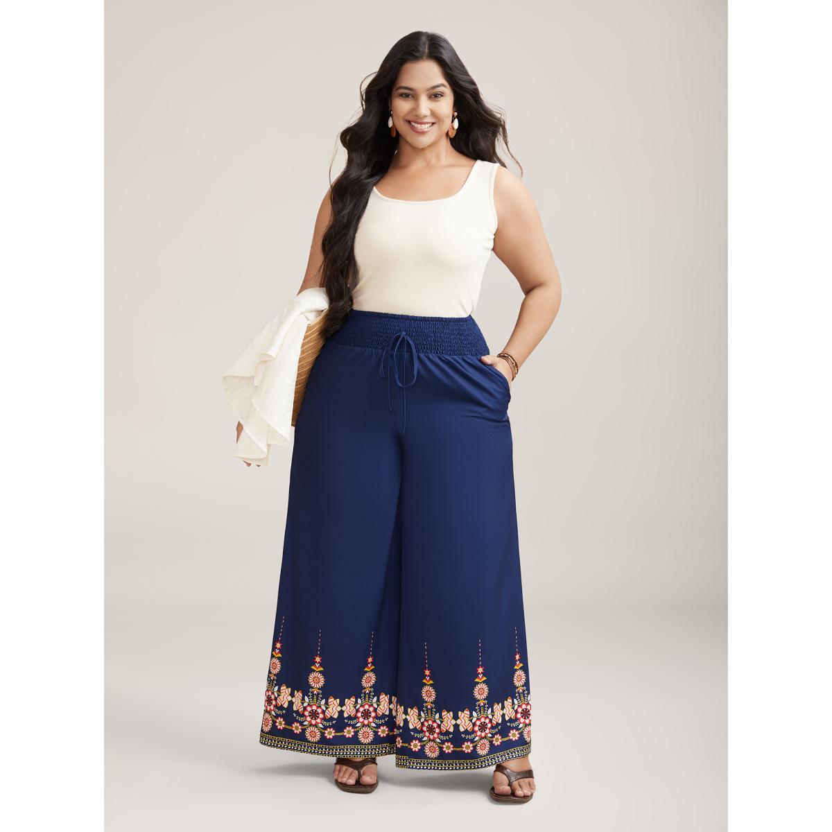 Plus Size Contrast Geo Print Hem Wide-Leg Pants Women Indigo Resort Loose Mid Rise Vacation Pants BloomChic 10/M Product Image