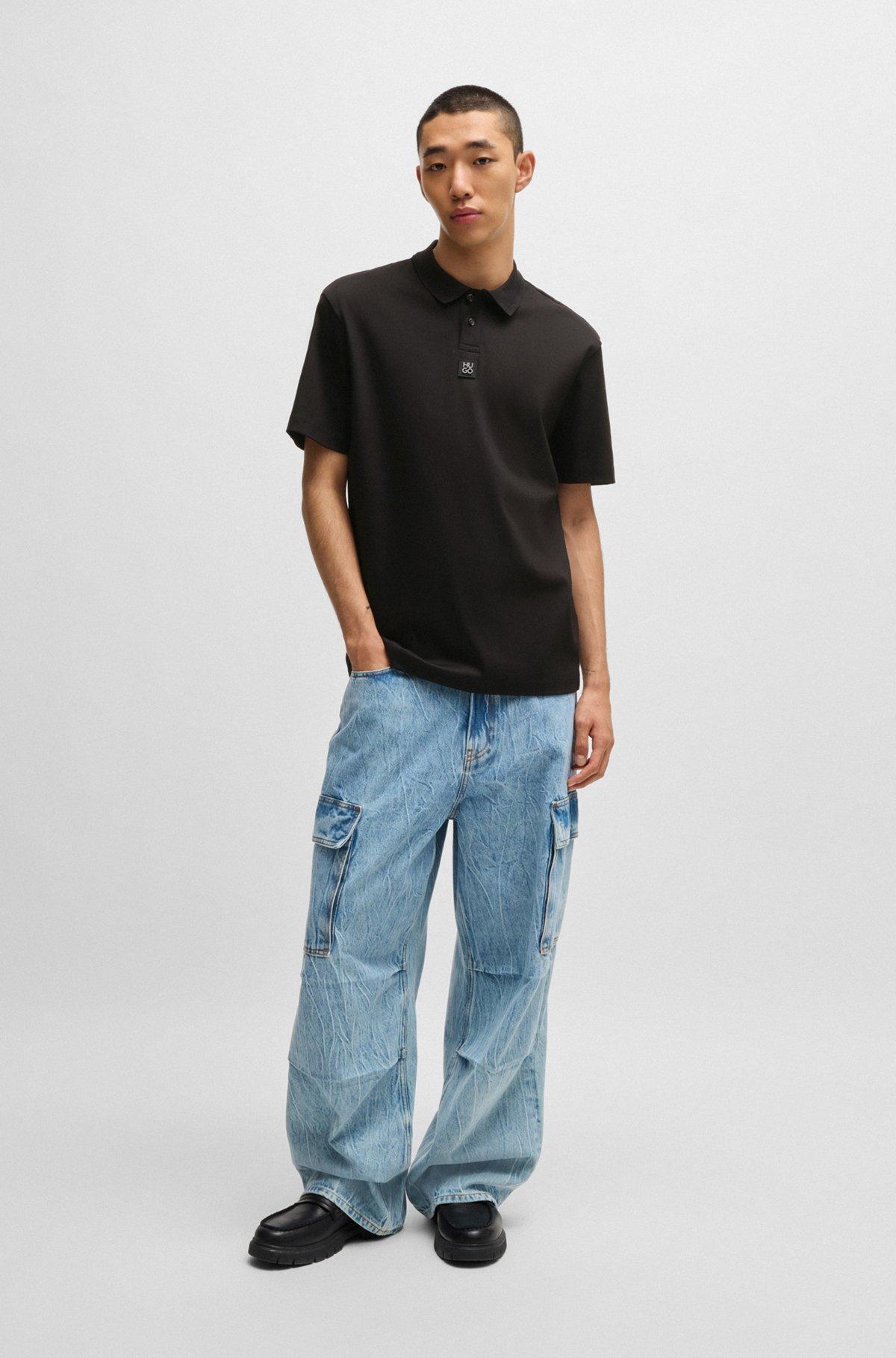 HUGO - Interlock-cotton polo shirt with stacked logo - Black Product Image