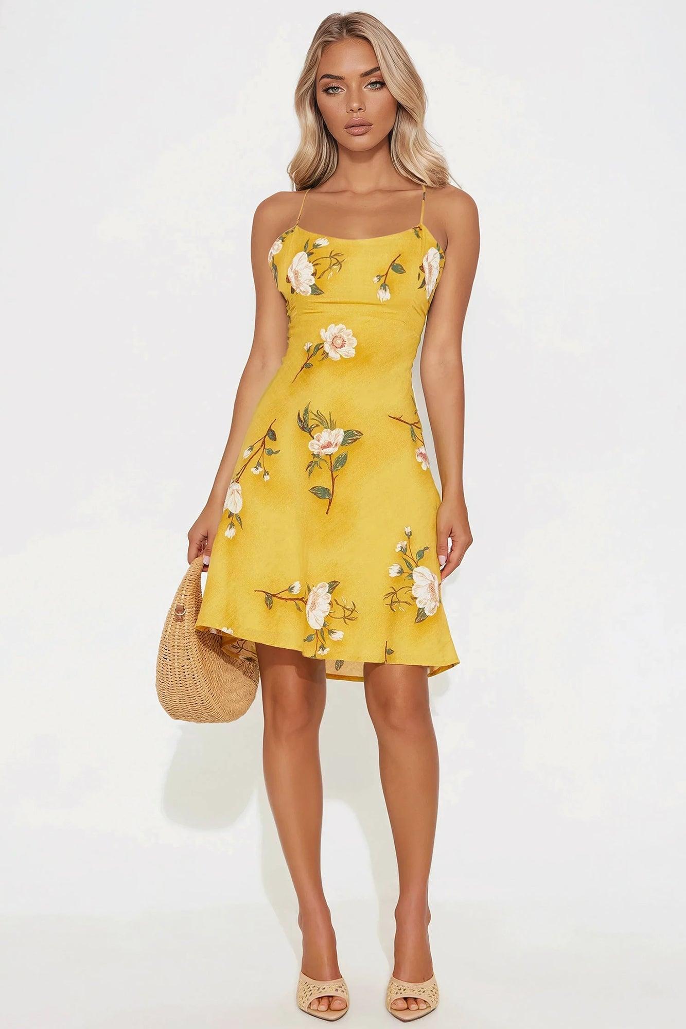 Eva Linen Floral Mini Dress - Mustard Product Image
