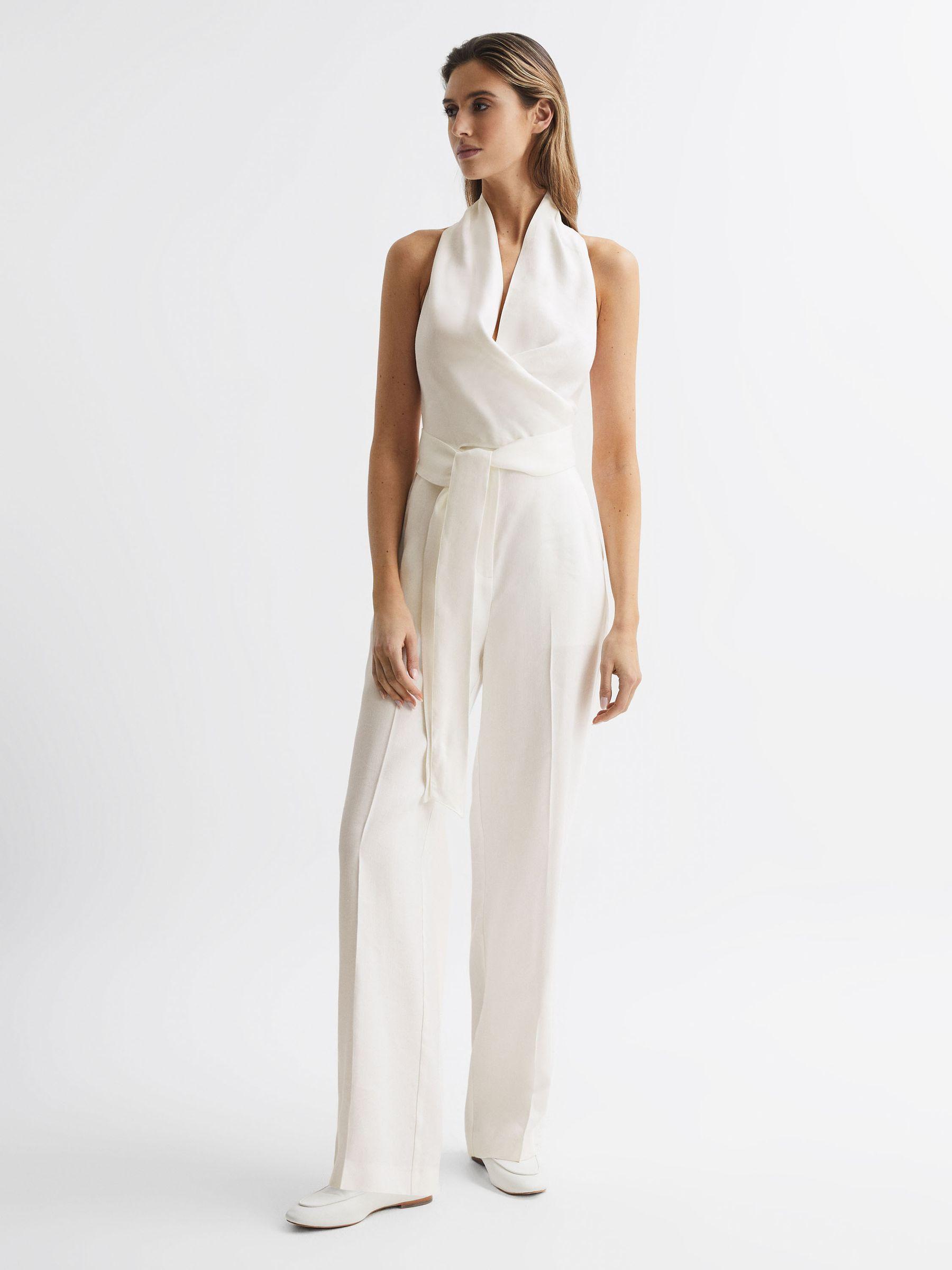 Halter Neck Linen Blend Jumpsuit in White Product Image