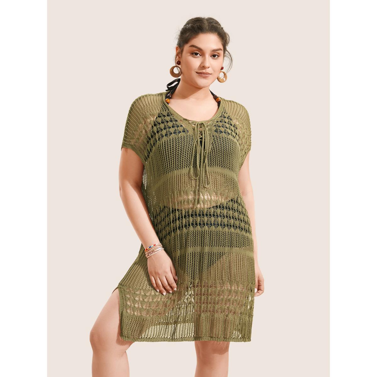 Plus Size Solid Cut Out See Through Lace Up Swim Cover Up Women's Swimwear Olive Beach Tie knot Curve Swim Cover Ups BloomChic 18-20/2X Product Image