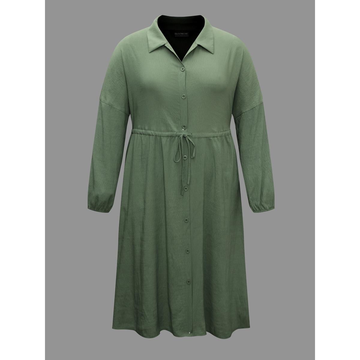 Plus Size Shirt Collar Tie-Waist Drop Dress Moss Women At the Office Tie knot Shirt collar Long Sleeve Curvy BloomChic 10/M Product Image
