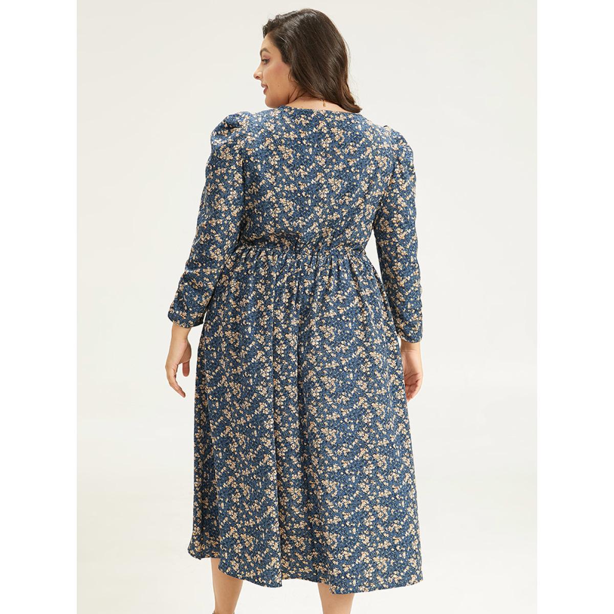 Plus Size Ditsy Floral Ruched Puff Sleeve Dress Aegean Women Elegant Printed V-neck Elbow-length sleeve Curvy Midi Dress BloomChic 28/5X Product Image