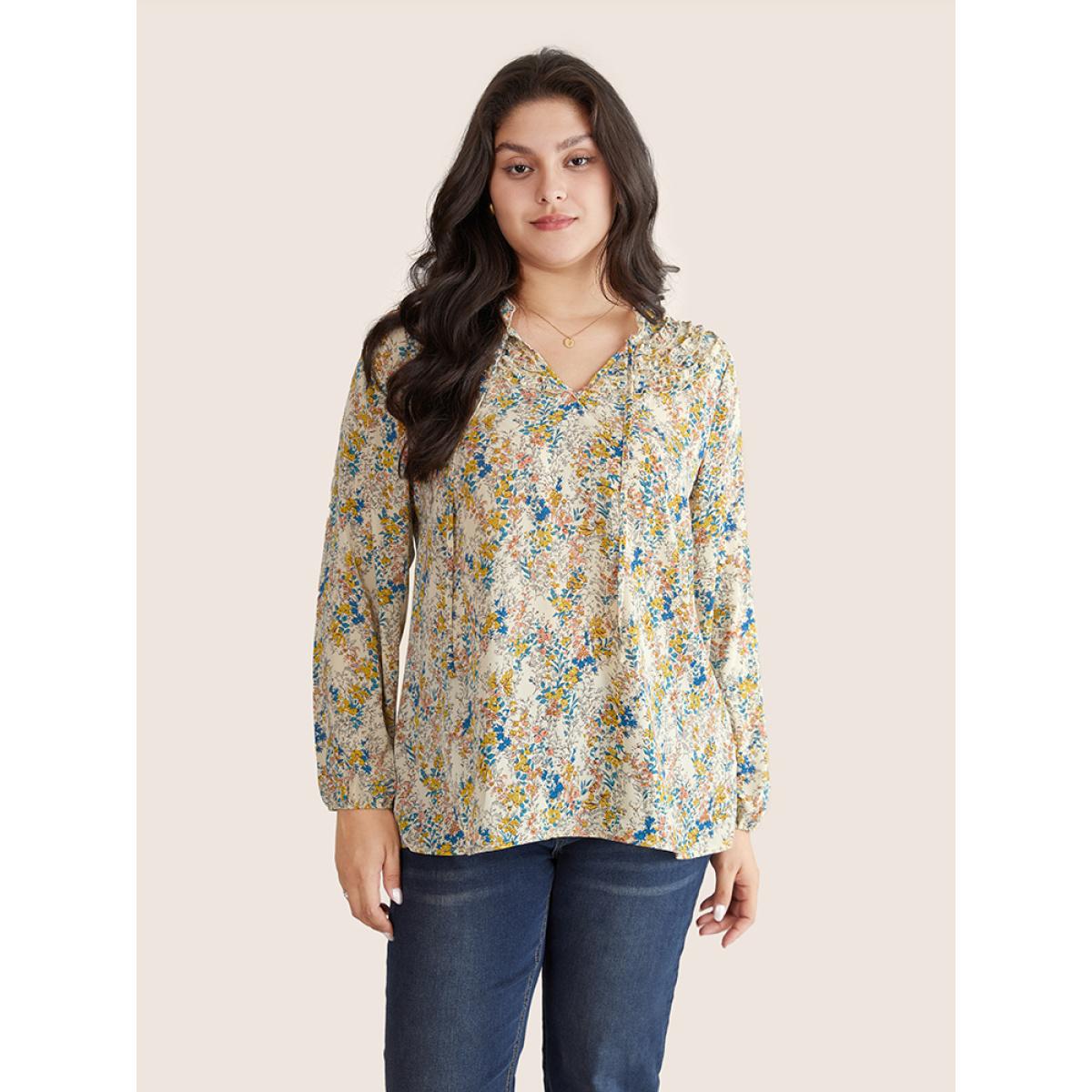 Plus Size Ivory Ditsy Floral Print Notched Lantern Sleeve Blouse Women Elegant Long Sleeve Notched collar Everyday Blouses BloomChic 12/L Product Image