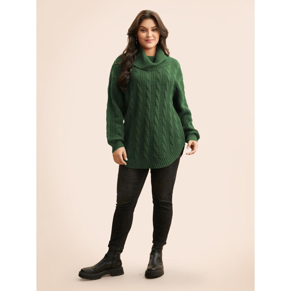 Plus Size Turtleneck Cable Knit Curved Hem Pullover Burgundy Women Leisure Loose Long Sleeve Turtleneck Casual Pullovers BloomChic 28/5X Product Image