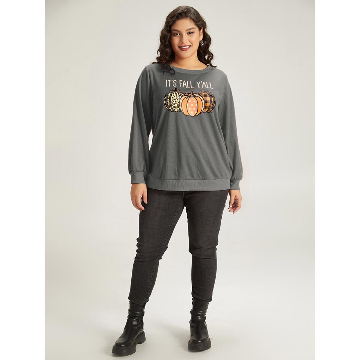 Plus Size Halloween Pumpkin Crew Neck Elastic Cuffs Sweatshirt Women Gray Casual Elastic cuffs Festival-Halloween Sweatshirts BloomChic 26/4X Product Image