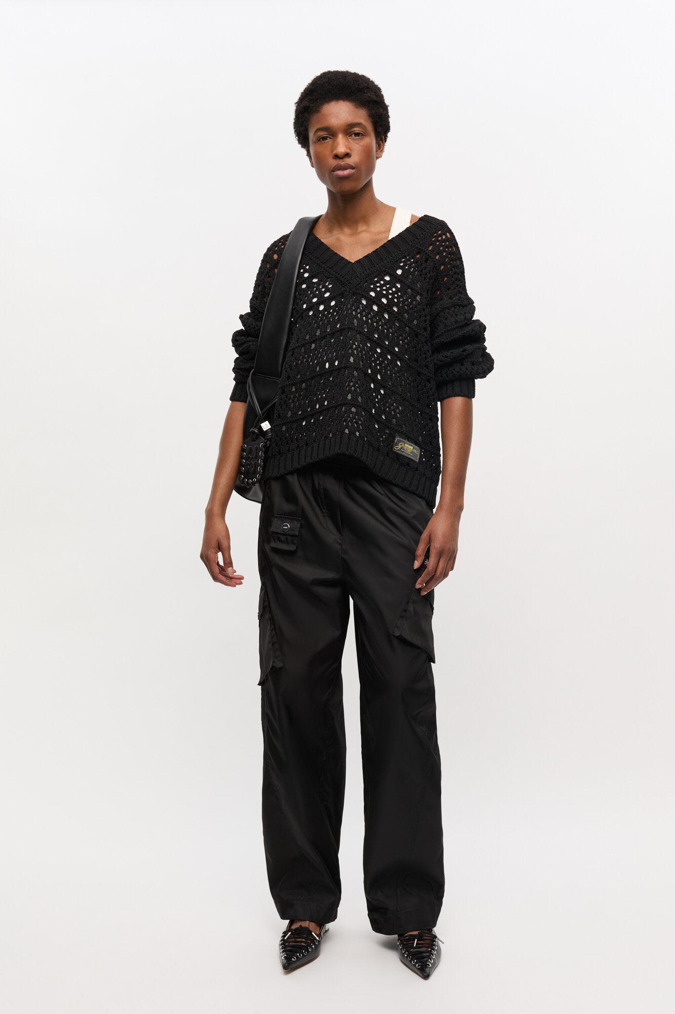 Black Crochet V-neck Sweater Product Image