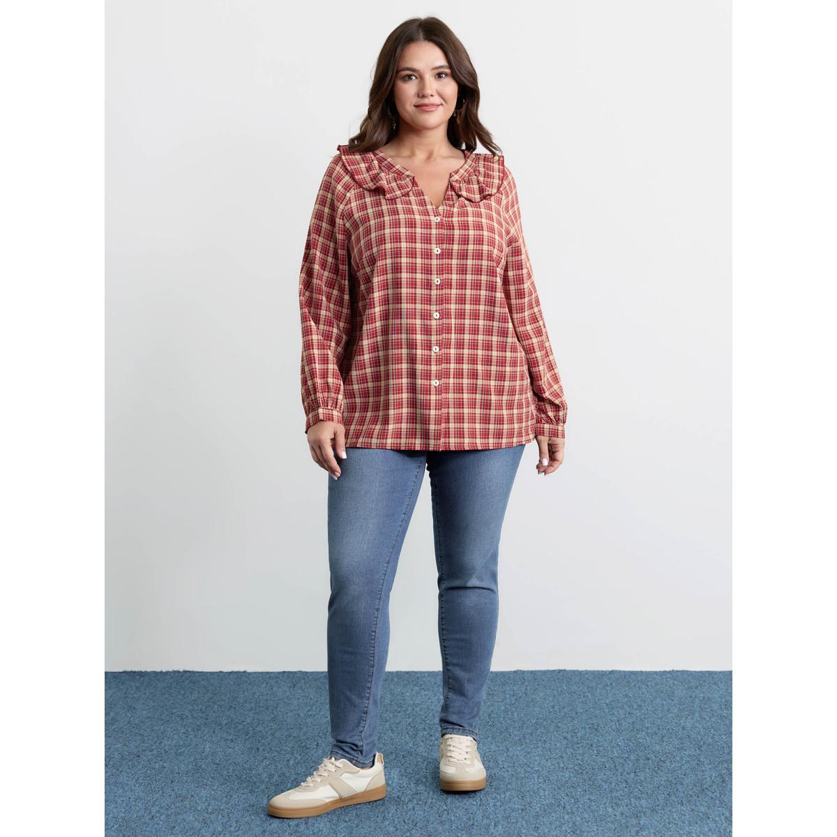 Plus Size Scarlet Gingham Print Ruffled Neck Button Blouse Women Leisure Long Sleeve Notched collar Casual Blouses BloomChic 22-24/3X Product Image