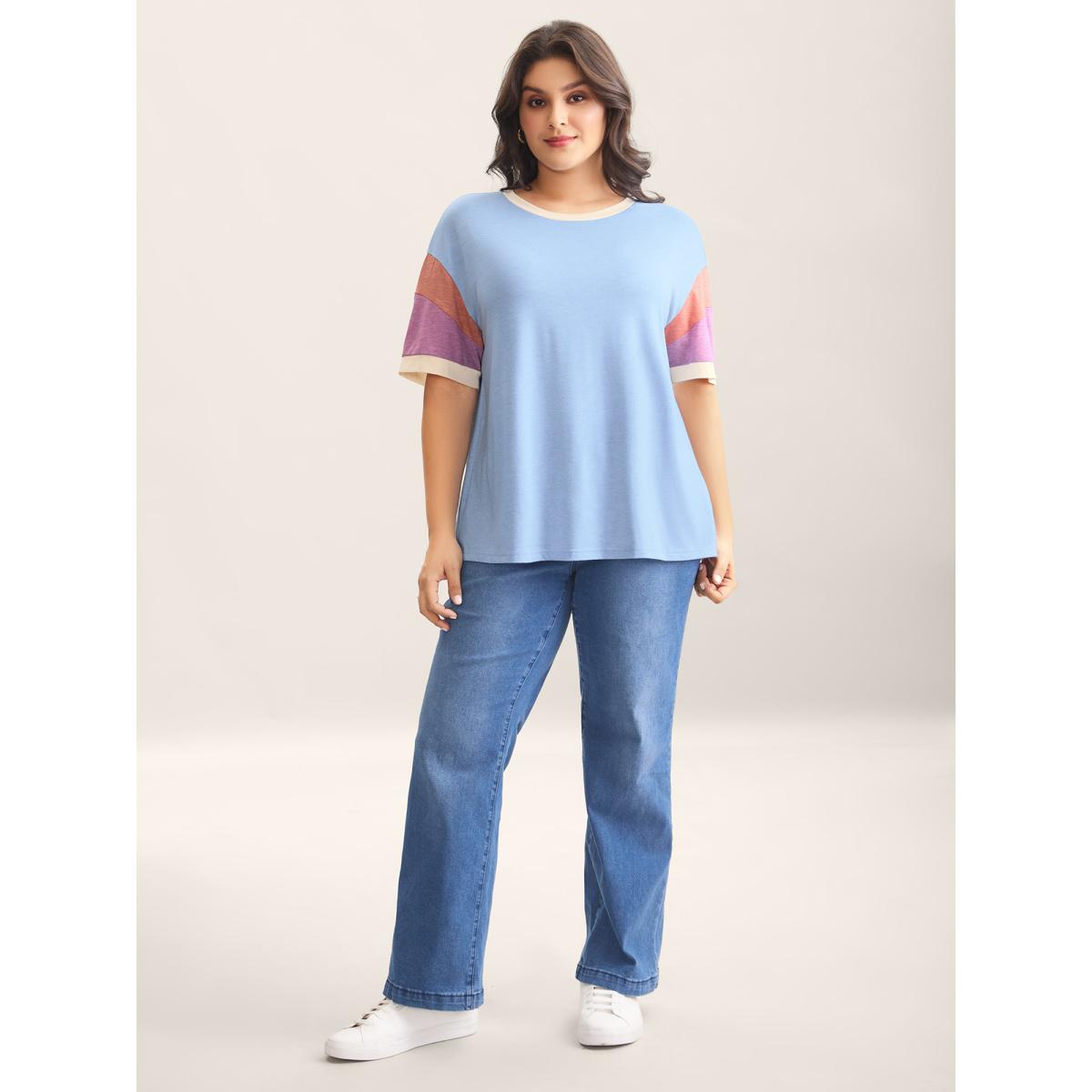 Plus Size Supersoft Stretchy Color Contrast T-Shirt LightBlue Women Leisure Contrast Round Neck Casual T-shirts BloomChic 12/L Product Image