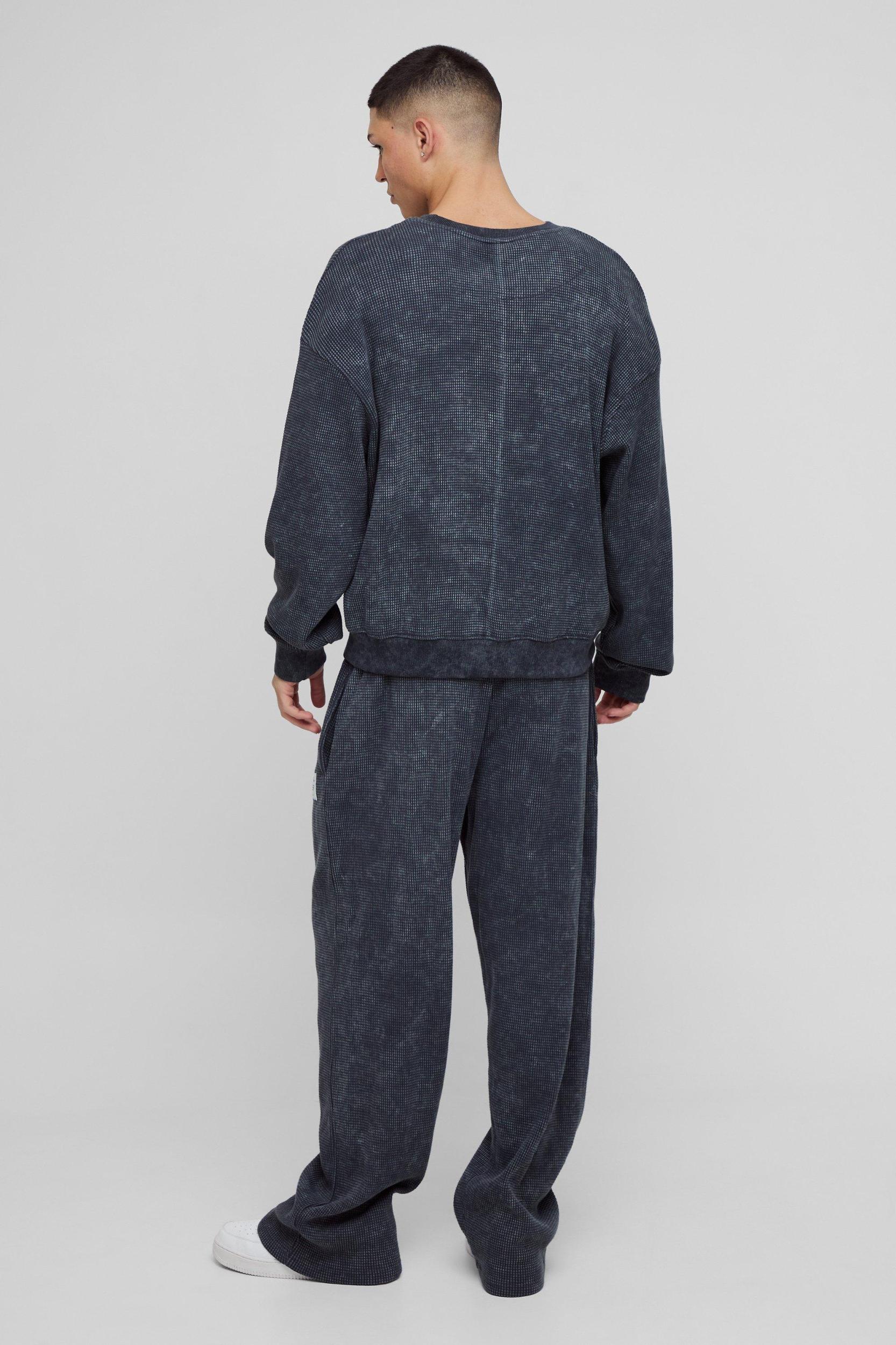 Oversized Acid Wash Heavy Waffle Tracksuit With Woven Tab | boohooMAN USA Product Image
