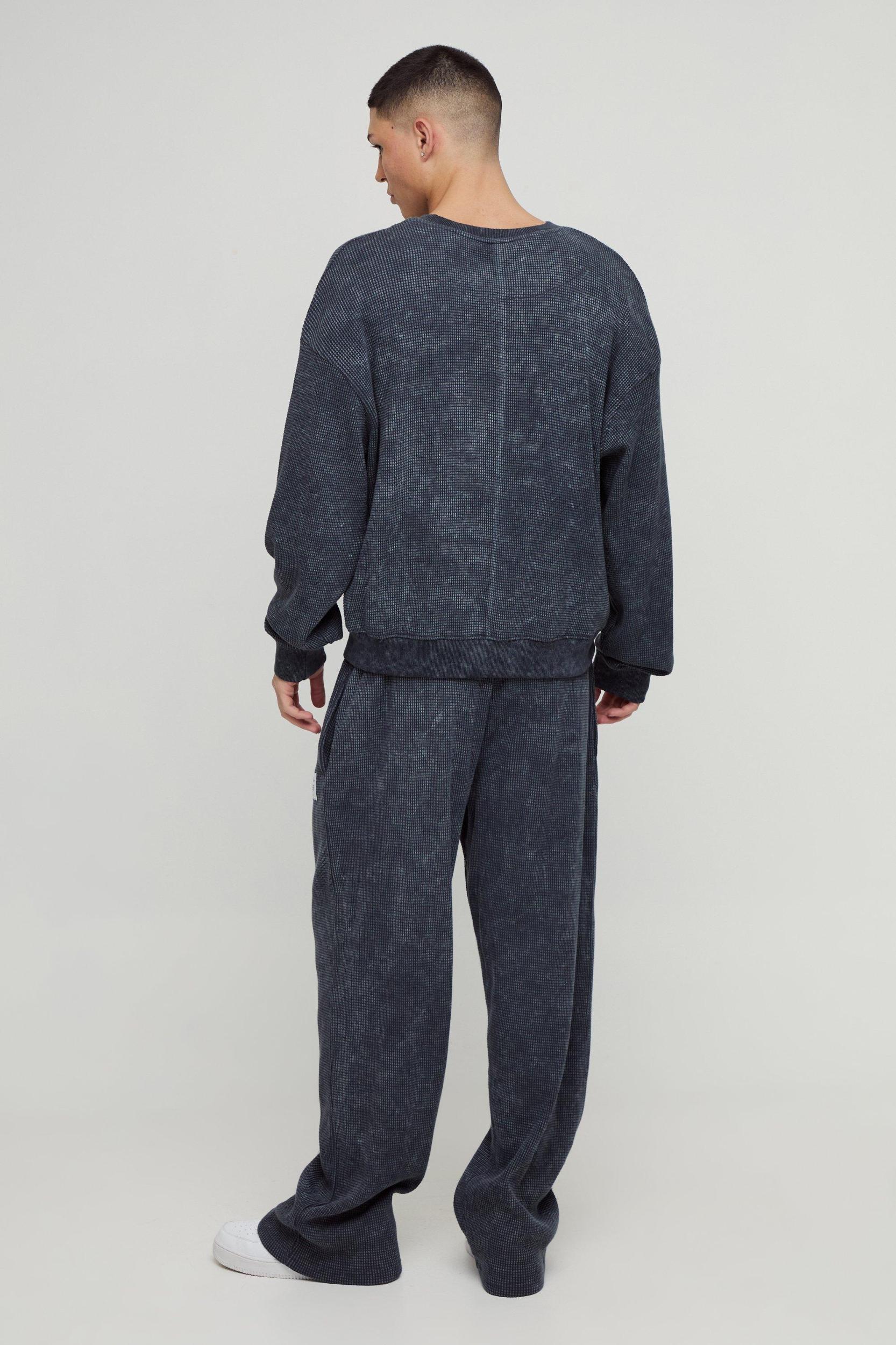Straight Leg Acid Wash Heavy Waffle Sweatpants With Woven Tab | boohooMAN USA Product Image