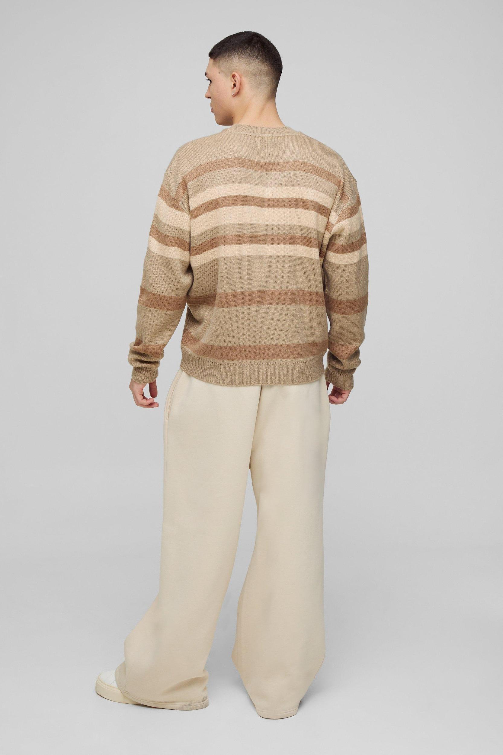 Oversized Boxy V Neck Brushed Stripe Knitted Sweater | boohooMAN USA Product Image