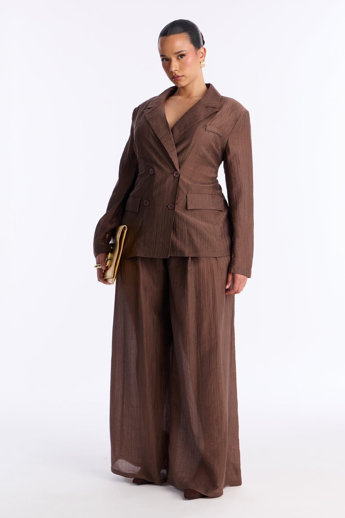 Serenity Sheer Blazer Pant Set - Chocolate Female Product Image