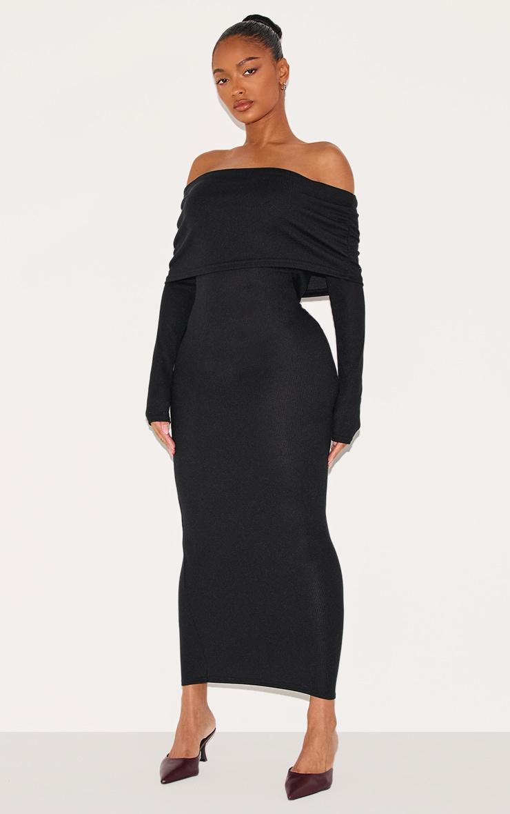 Shape Black Fold Over Bardot Rib Maxi Dress Product Image