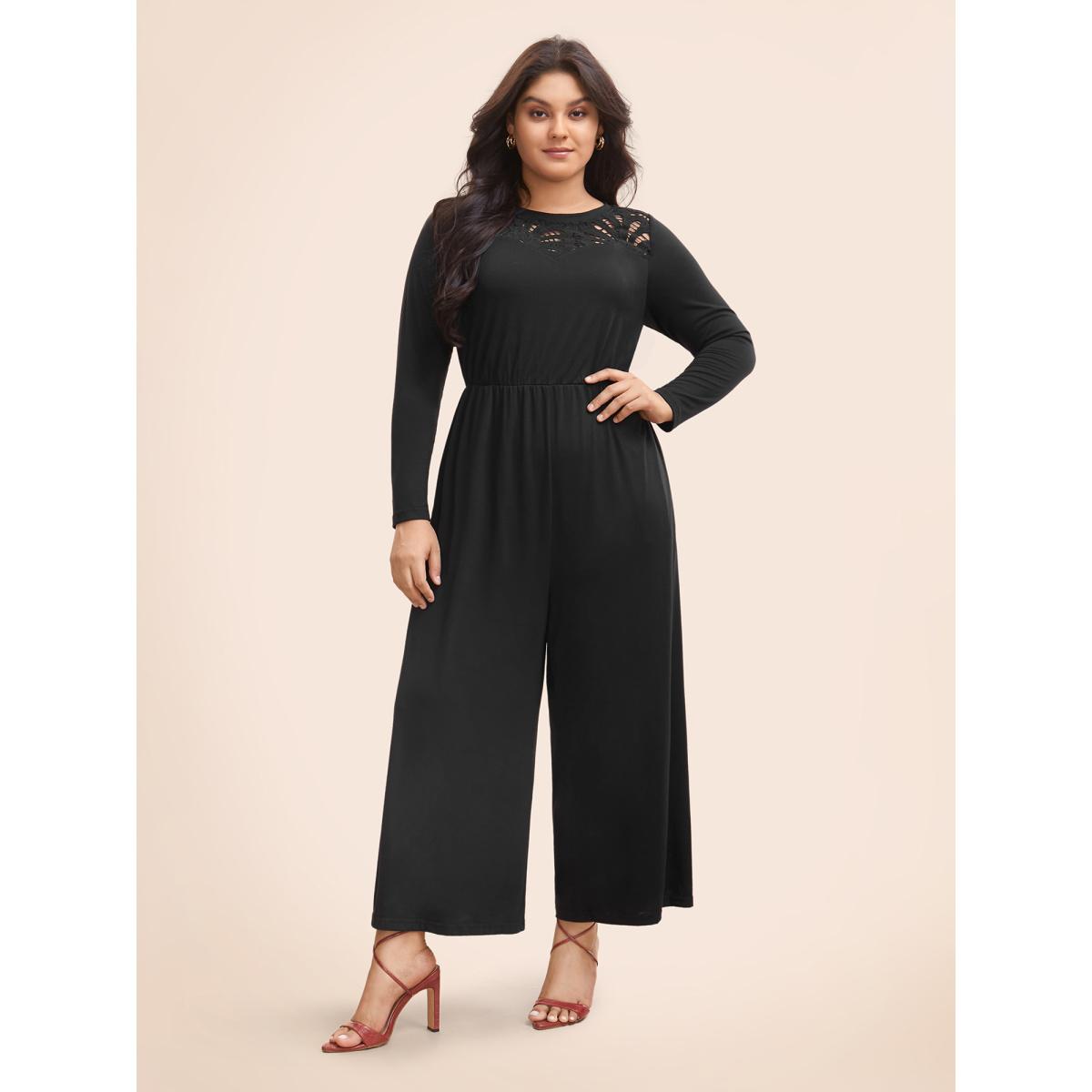 Plus Size Black Crew Neck Crochet Lace Cut Out Jumpsuit Women Resort Long Sleeve Round Neck Vacation Loose Jumpsuits BloomChic 22-24/3X Product Image