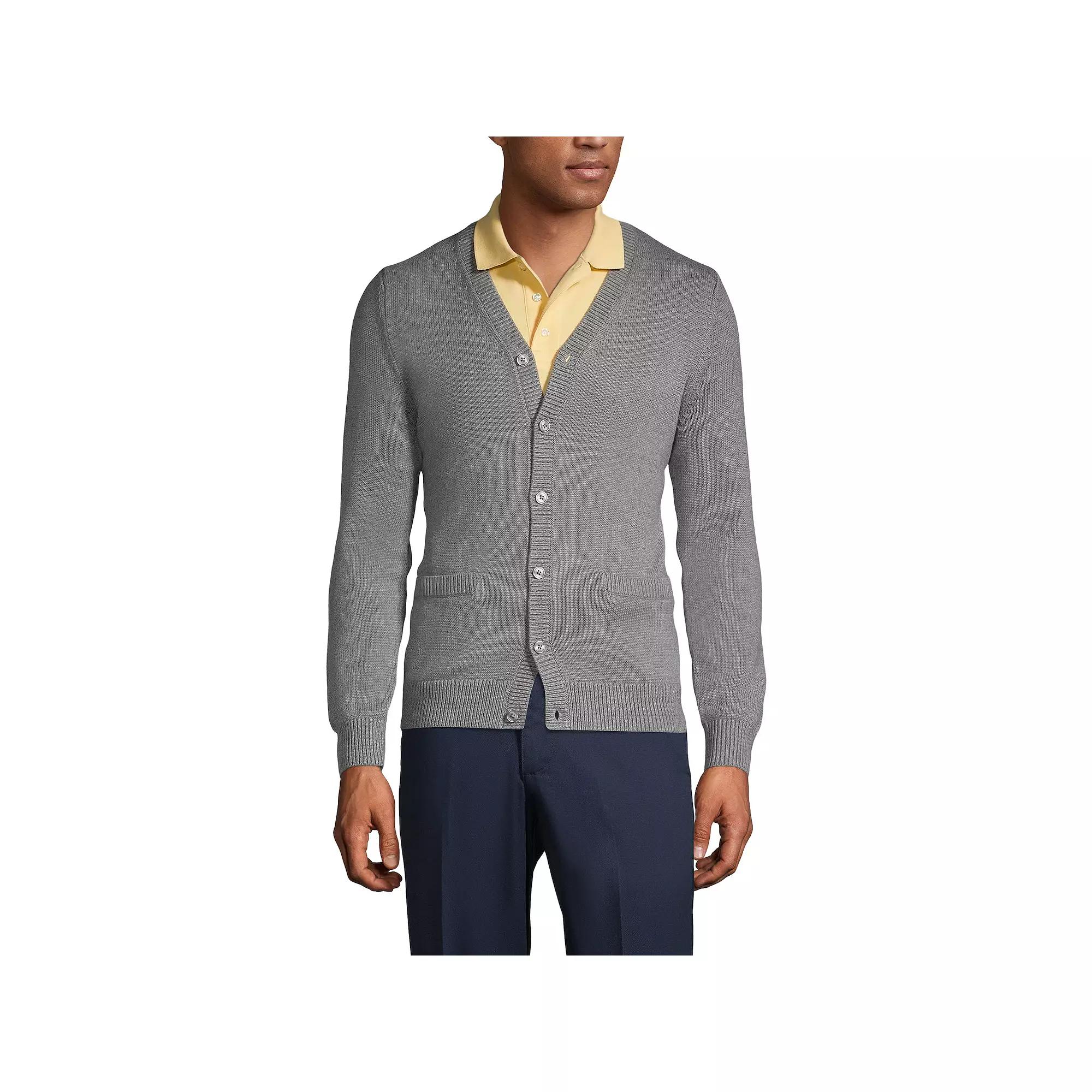 Men's Lands' End School Uniform Button Front V-Neck Cardigan Sweater, Size: Medium, Pewter Grey Product Image