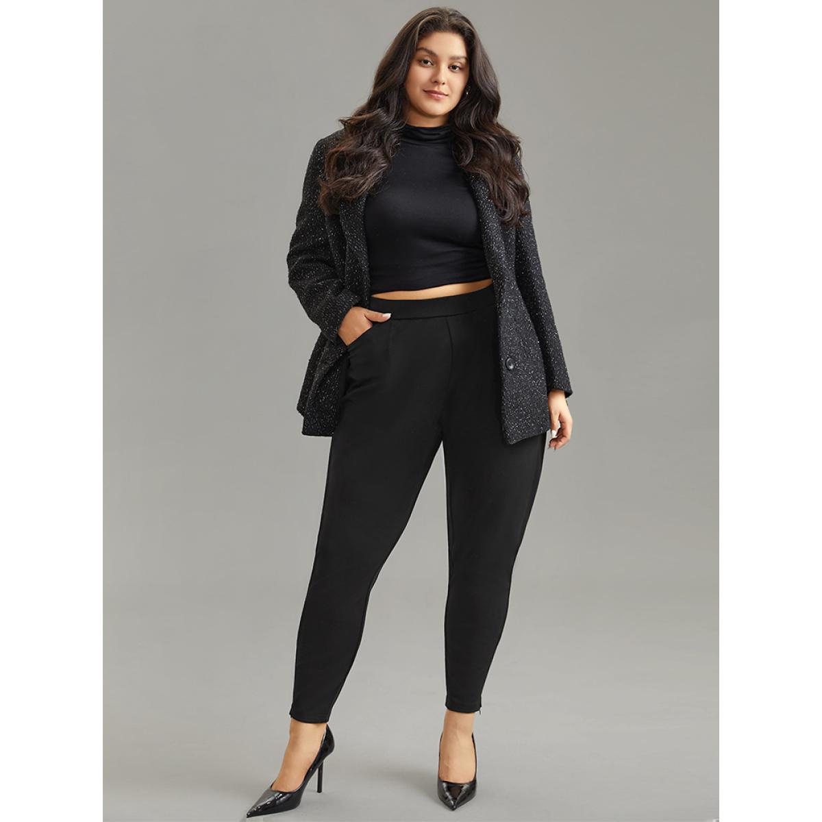 Plus Size Solid Zipper Hem Elastic Waist Skinny Pants Women Black Office Skinny Mid Rise Office Pants BloomChic 14-16/1X Product Image